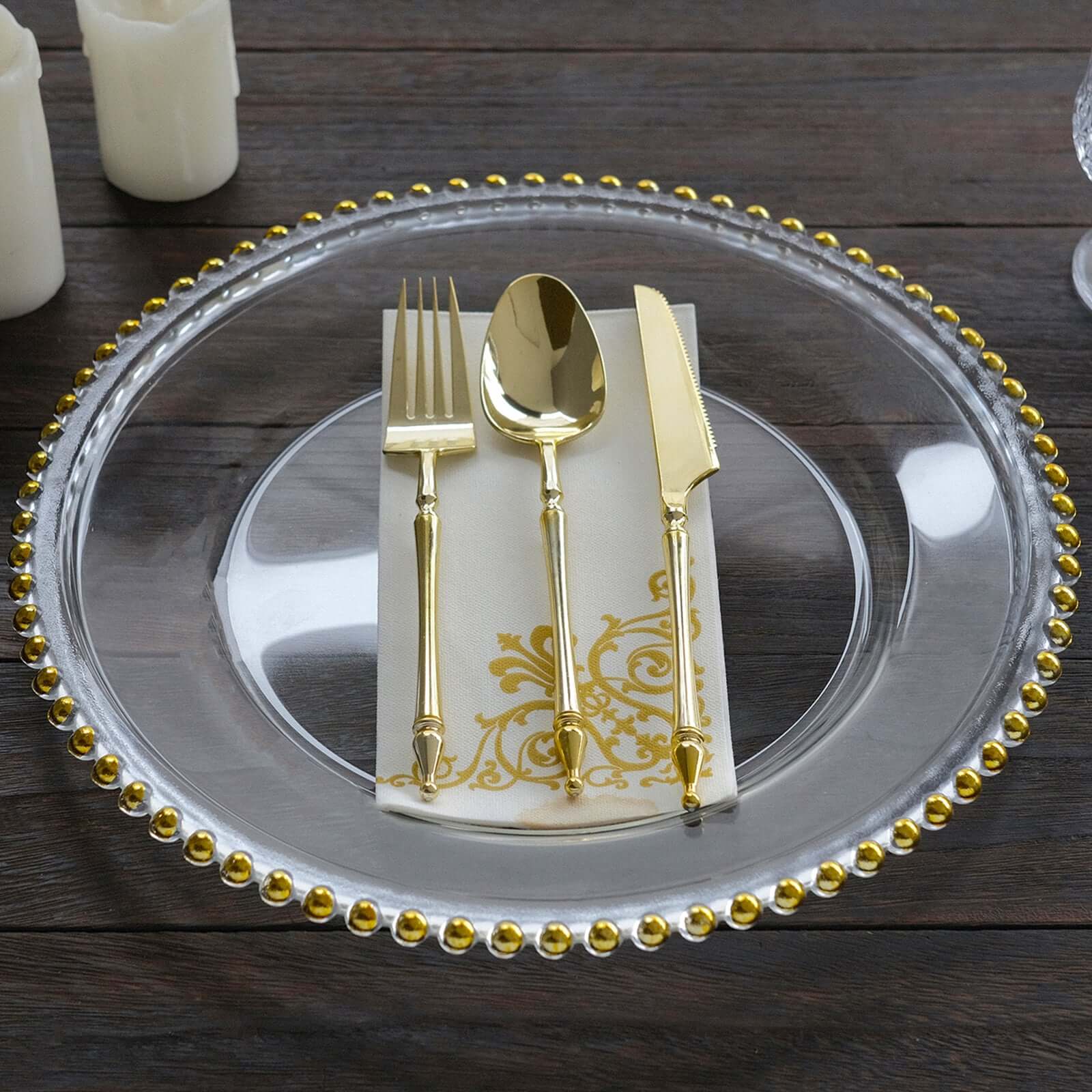 12-Inch Gold Glass Round Charger Plates with Beaded Rim, Set of 8 for Event Decor