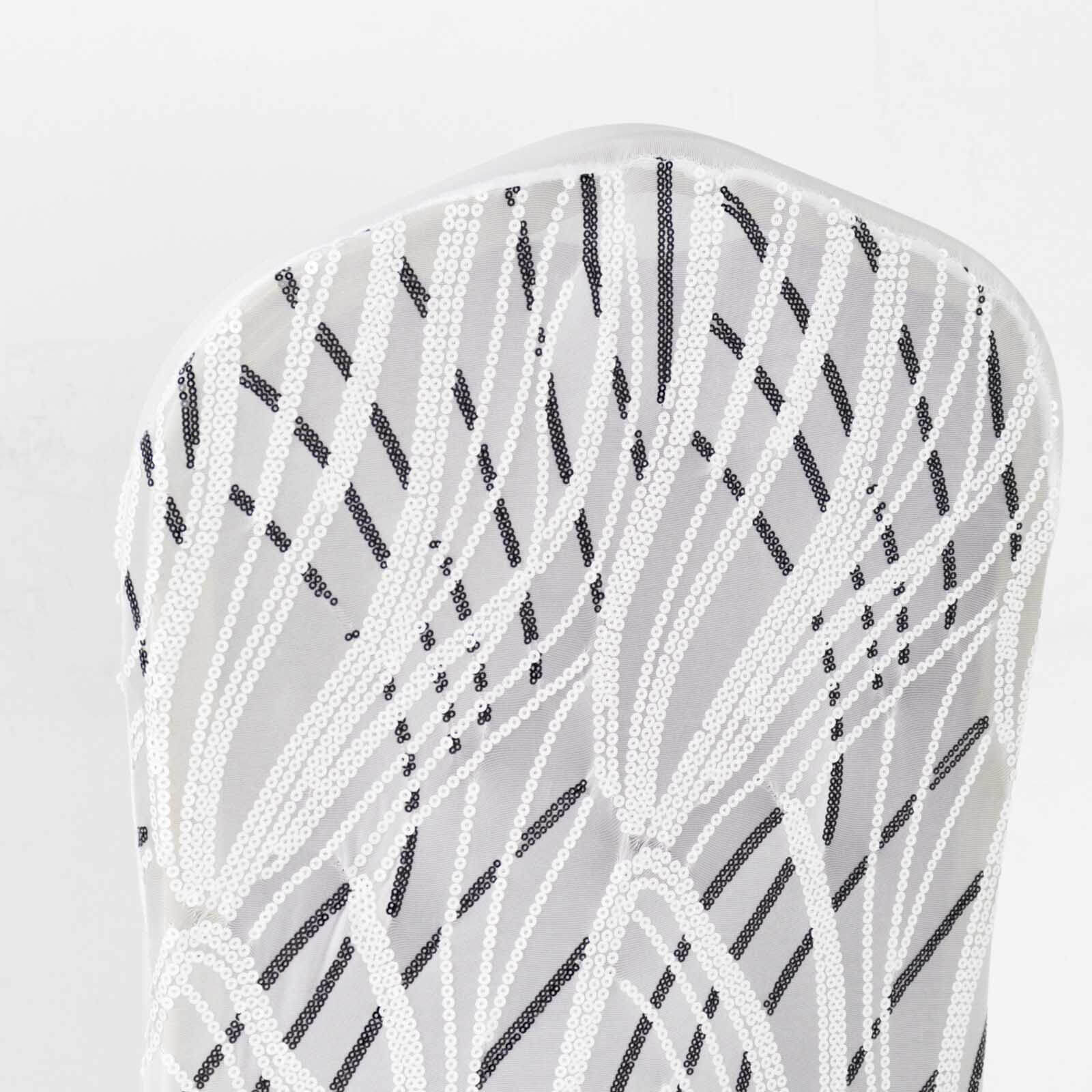 Luxe Glittering Stretch Fitted Slipcover - Spandex Banquet Chair Cover with Wave - Embroidered Sequins in White/Black