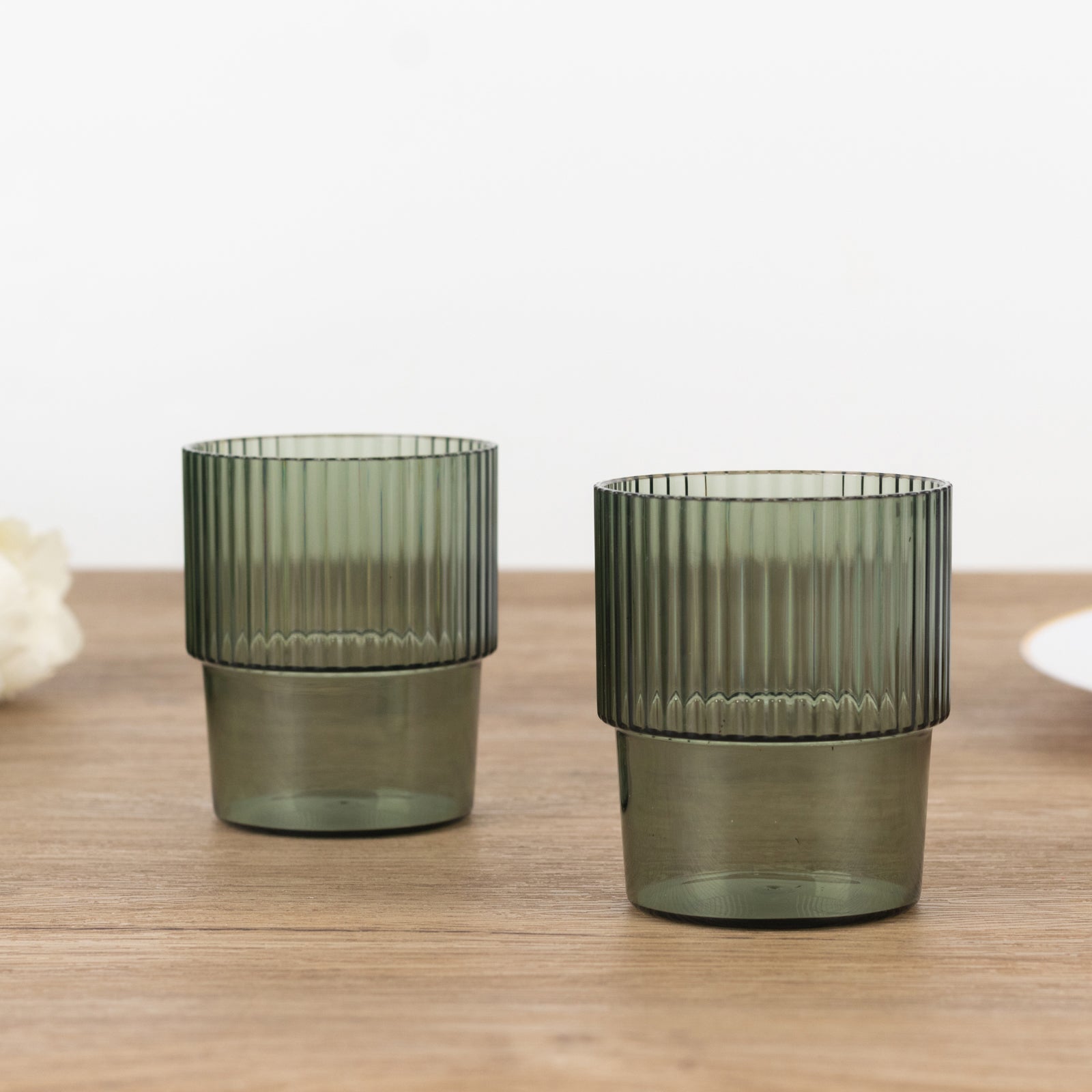 12-Pack Stackable 7oz Reusable Plastic Short Drinking Glasses in Hunter Emerald Green with Ribbed Pattern - Great Value!