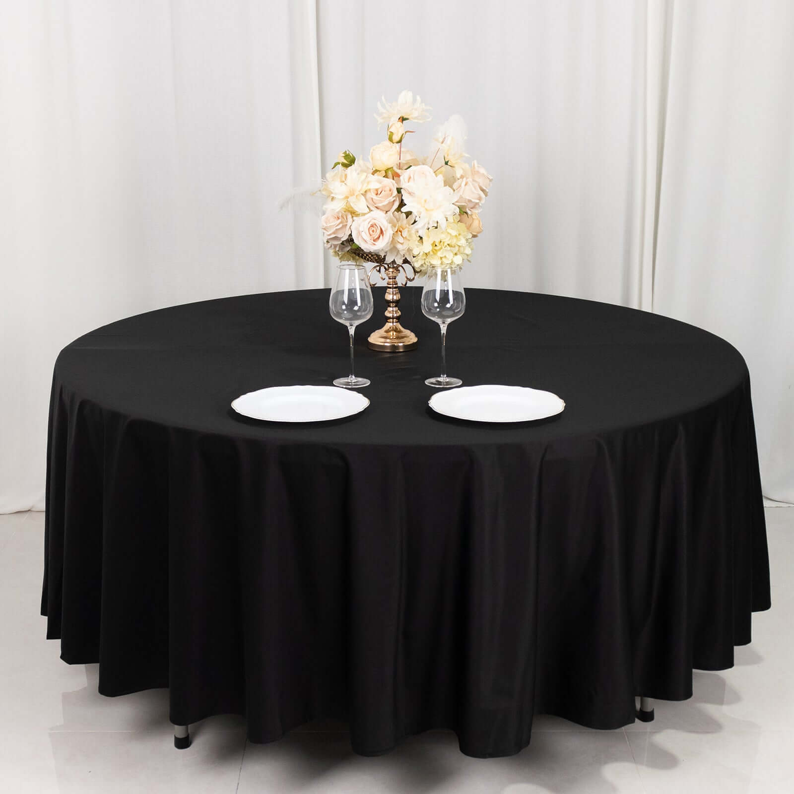 Black 108' Premium Wrinkle-Free & Stain-Resistant Scuba Round Tablecloth for Elegant Events