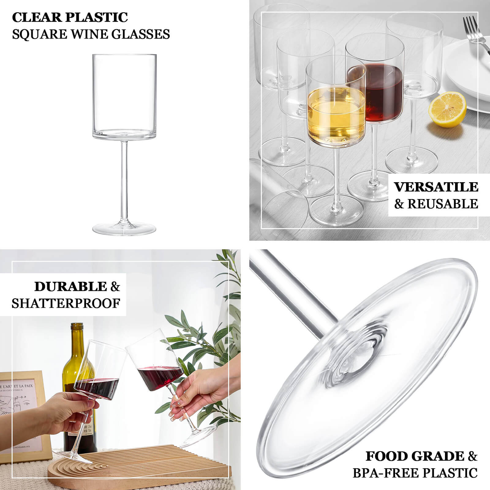 6-Piece Set of Clear Plastic Long Stem Cylindrical Cocktail Glasses - 10oz Shatterproof Tumblers