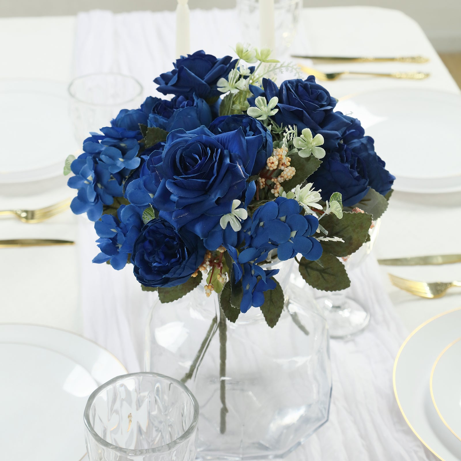 2-Pack Navy Blue Silk Artificial Rose & Peony Floral Arrangements for Weddings and Home Decor