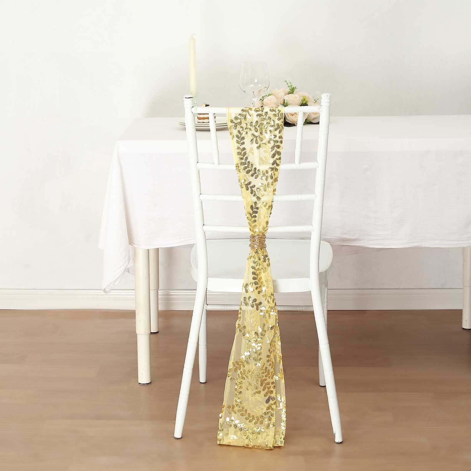 Set of 5 Gold Tulle Chair Sashes with Leaf Vine Embroidered Sequins, 6x88 - Ideal for Weddings