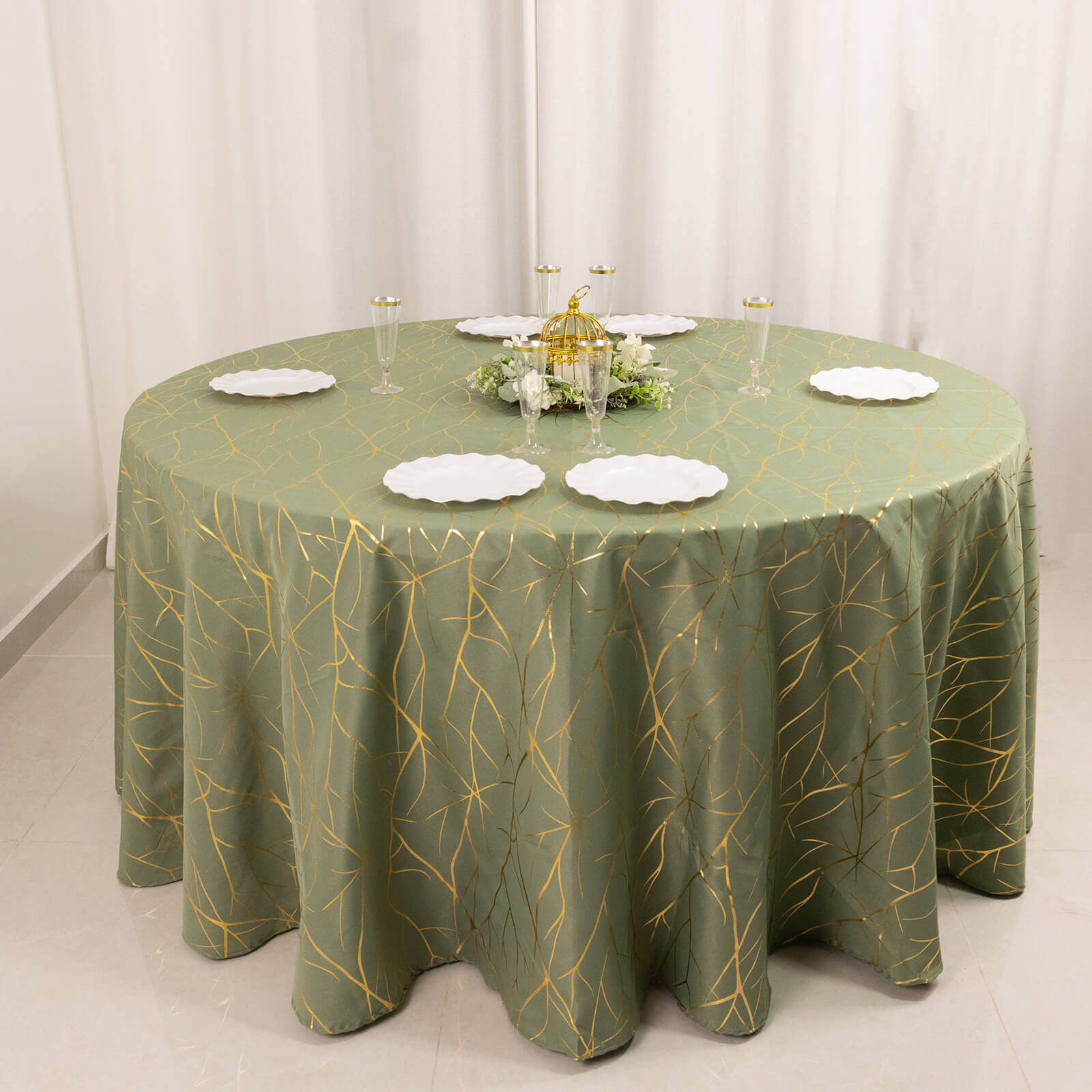 Exclusive! Wrinkle-Resistant 120" Polyester Round Tablecloth in Dusty Sage Green with Gold Foil Tree Branch for Classy Events