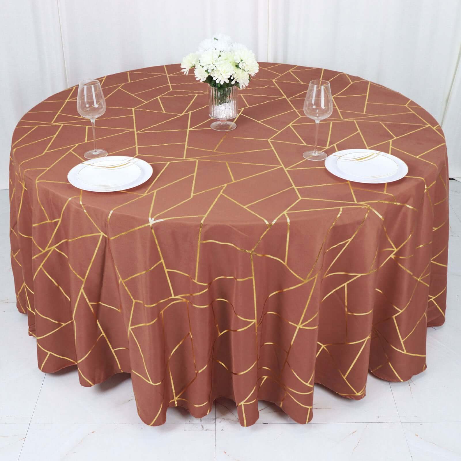 Wrinkle-Resistant Seamless Polyester Round Tablecloth in Terracotta with Gold Foil Geometric Design