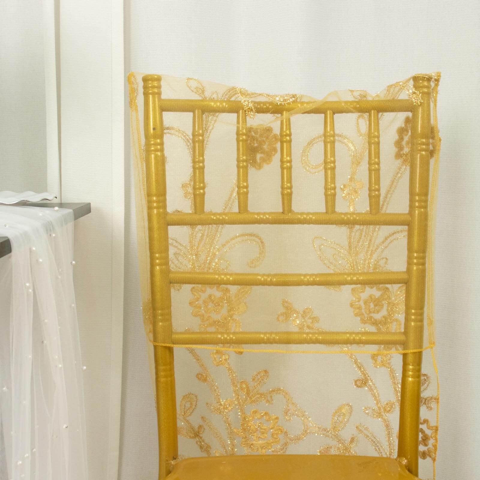 Hot! Gold Floral Sequin Embroidery Organza Chiavari Chair Slipcover