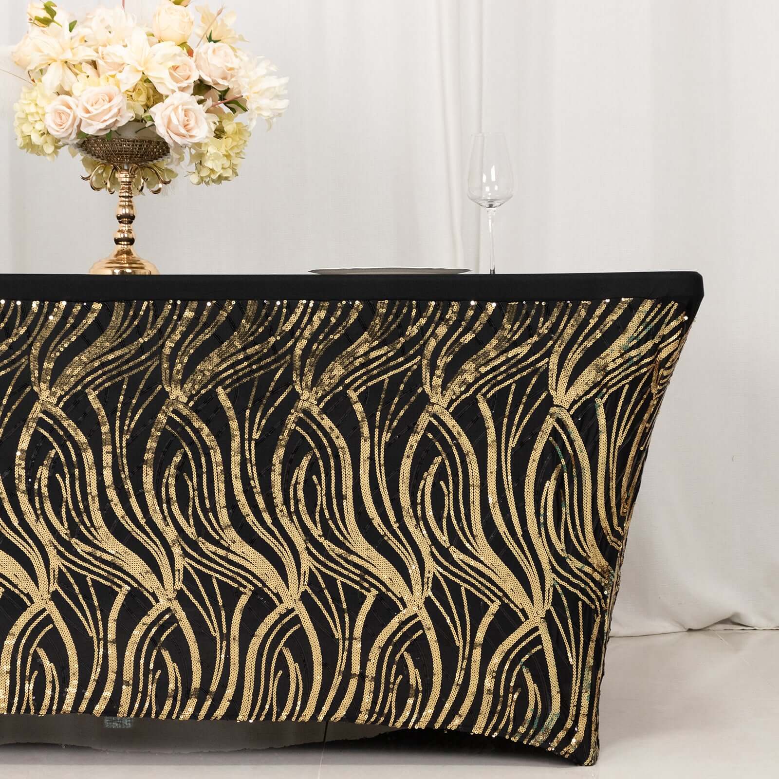Black/Gold Wave Embroidered Four-Way Stretch Sequin Spandex Tablecloth for Luxe Events