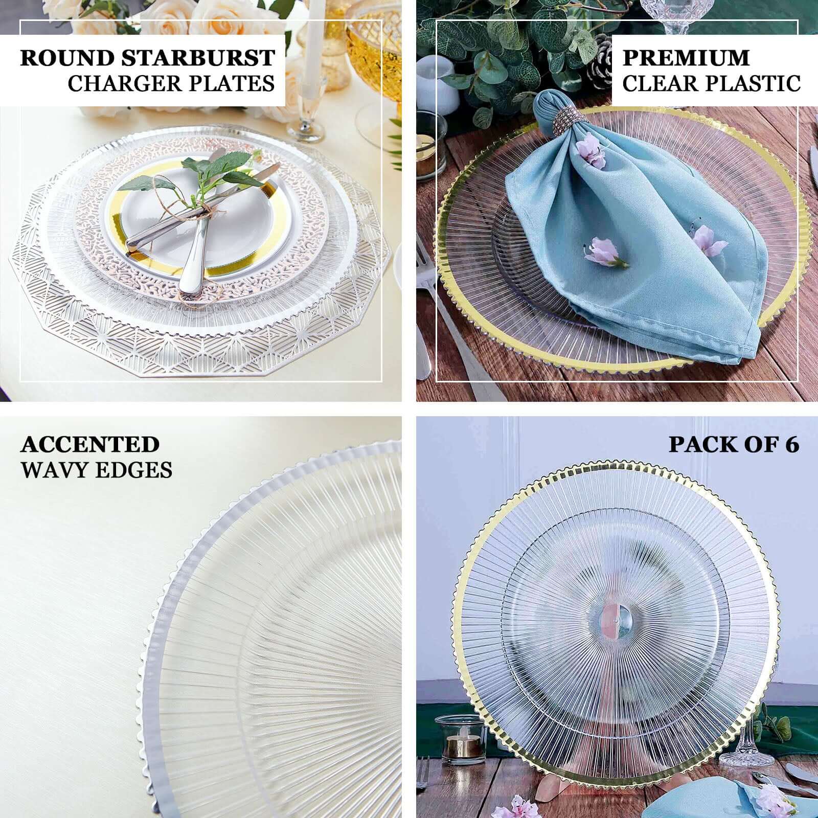 Hot Deal! 6-Pack 13-inch Clear Acrylic Charger Plates with Gold Sunray Wavy Rim