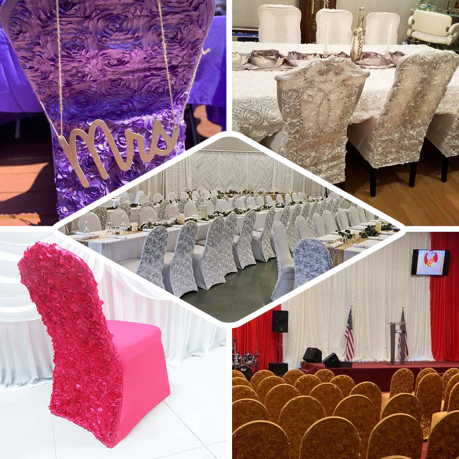Hot Sale! Stretch Fitted Champagne Satin Rosette Slip-On Chair Cover for Banquet Chairs