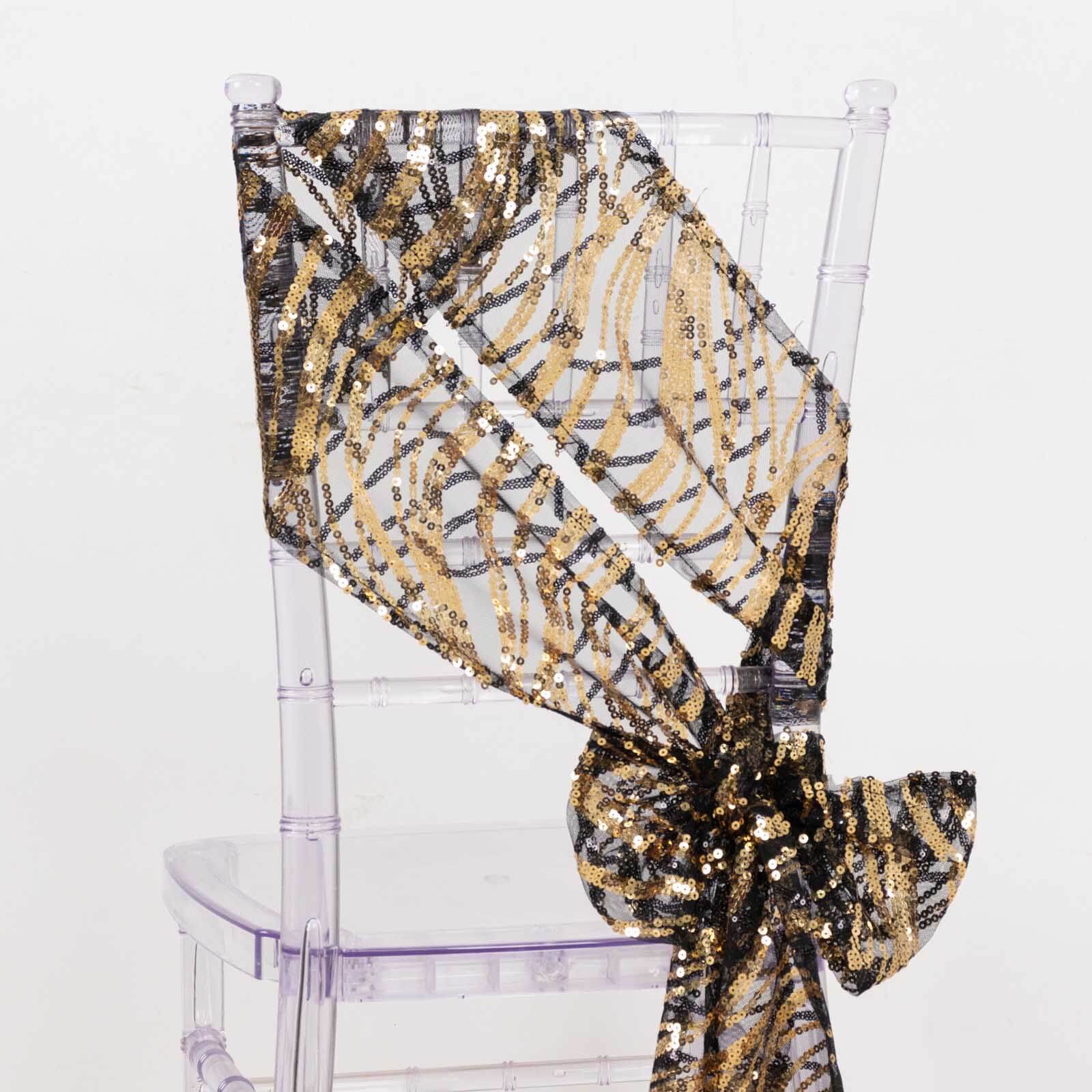 Set of 5 Black/Gold Wave Embroidered Sequin Chair Sashes - Elegant Wedding Decor