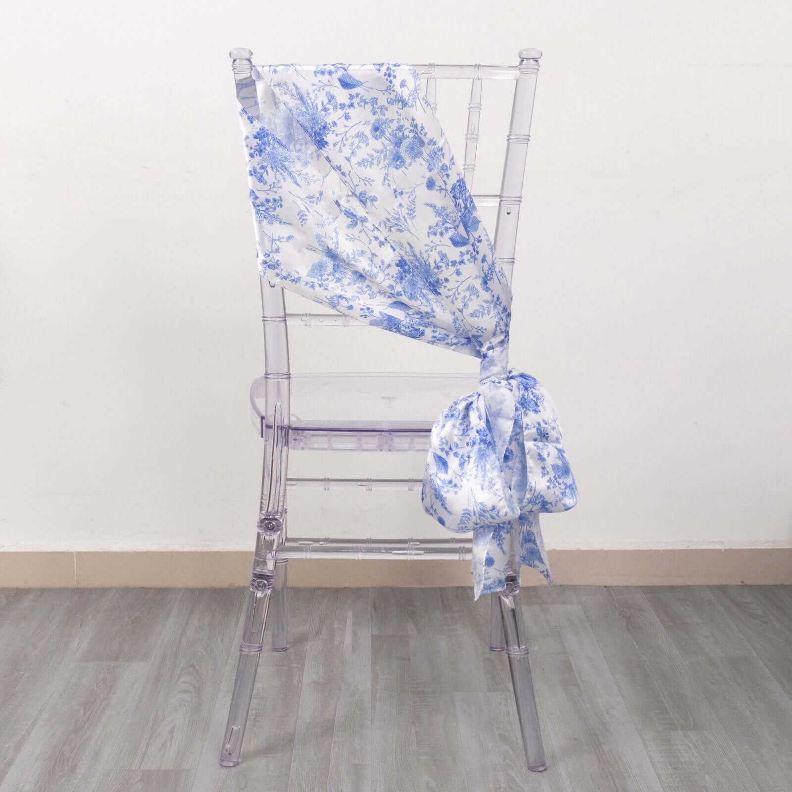 Special Offer! 5-Piece Set of Wrinkle-Resistant, Reusable Satin Chair Sashes in White/Blue French Toile Floral Design