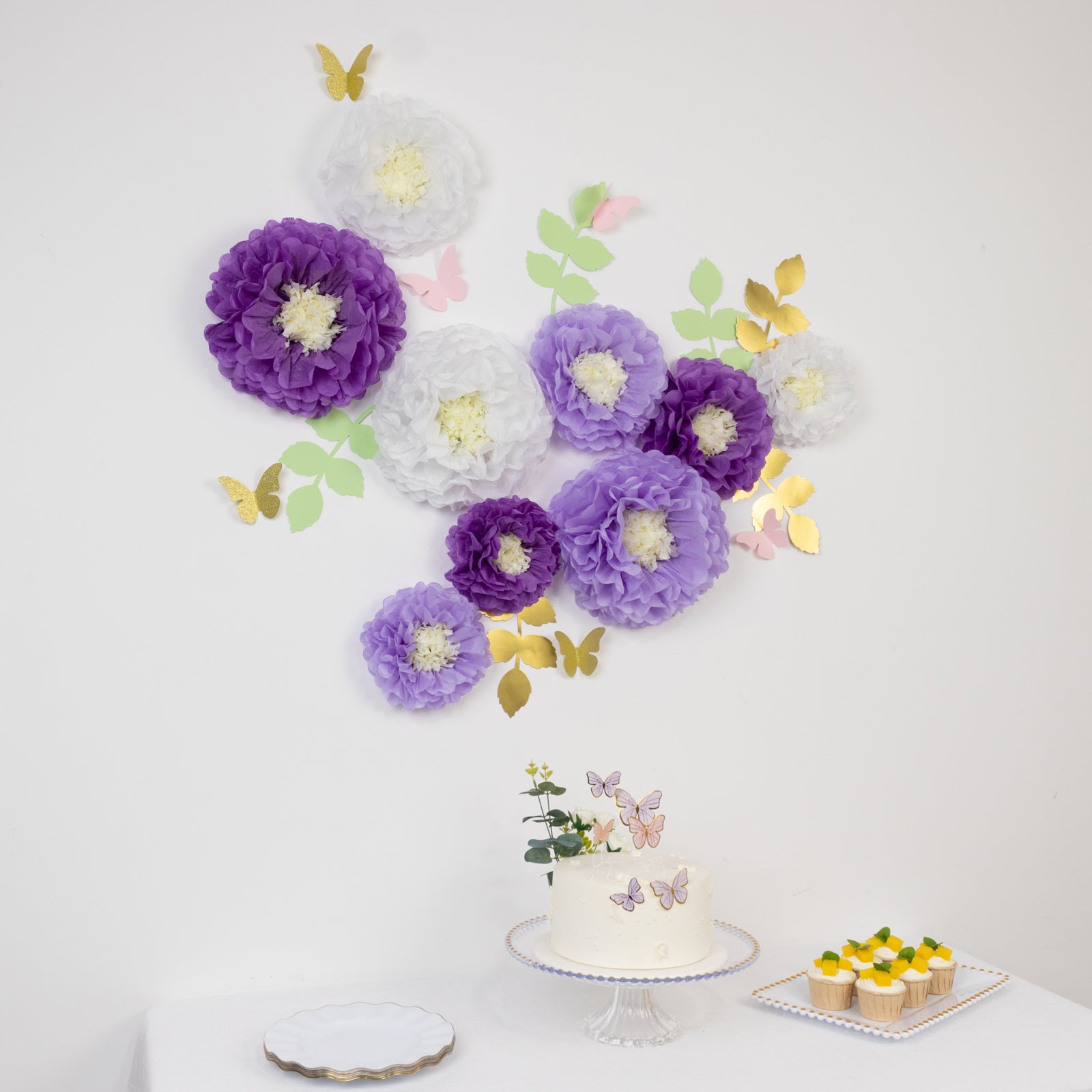 Hot! 21-Piece Tissue Paper Flower Pom Poms Decor Kit - White & Purple 3D Chrysanthemum Wall Decor with Butterflies & Olive Leaves