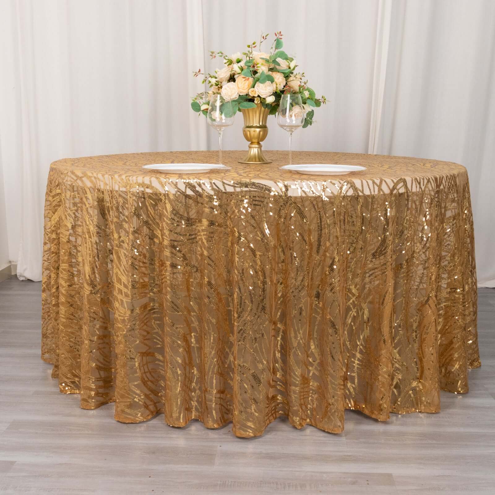 120' Gold Sequin Mesh Round Tablecloth with Seamless Wave Embroidered Design for Events