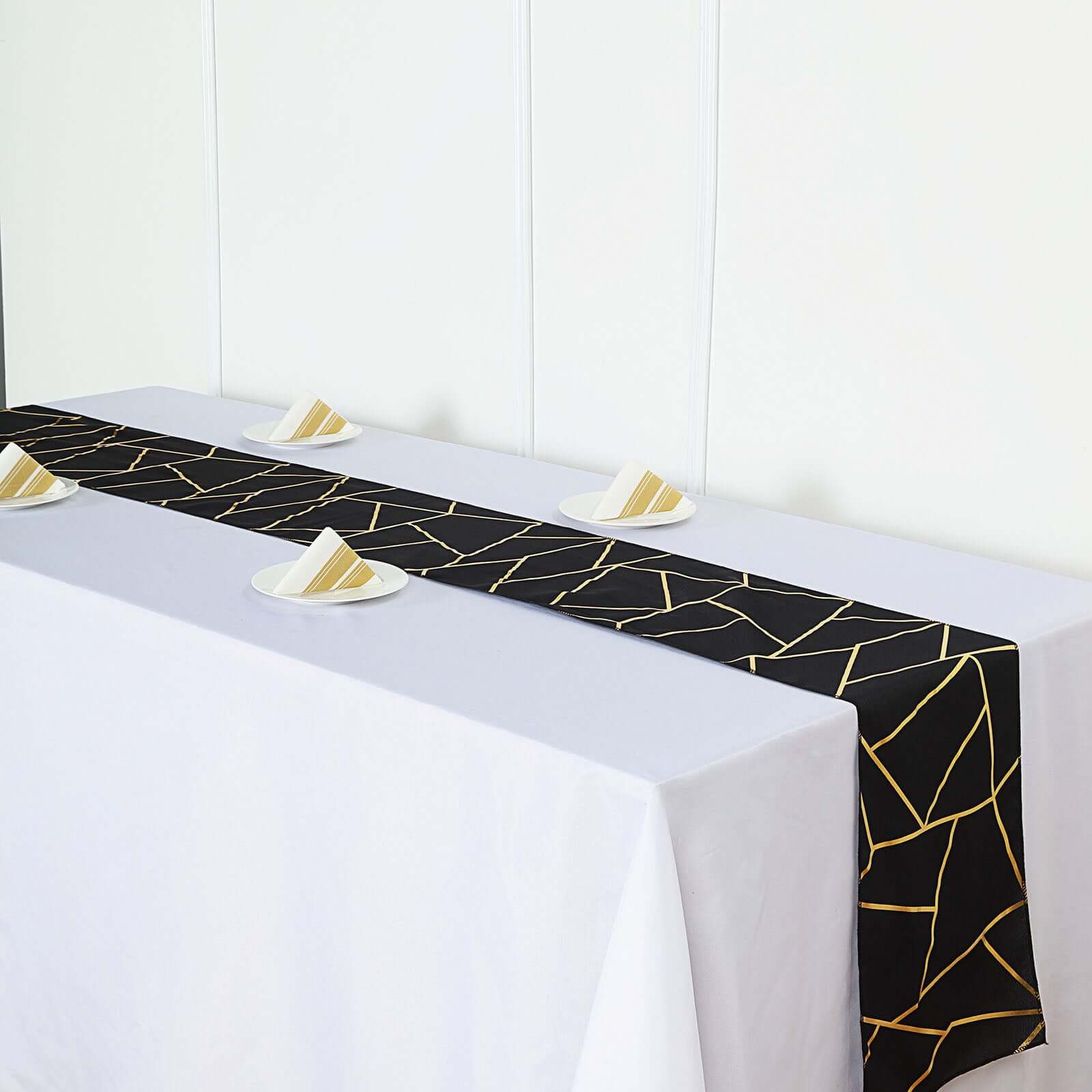 9ft Black Polyester Table Runner with Stunning Gold Foil Geometric Accent