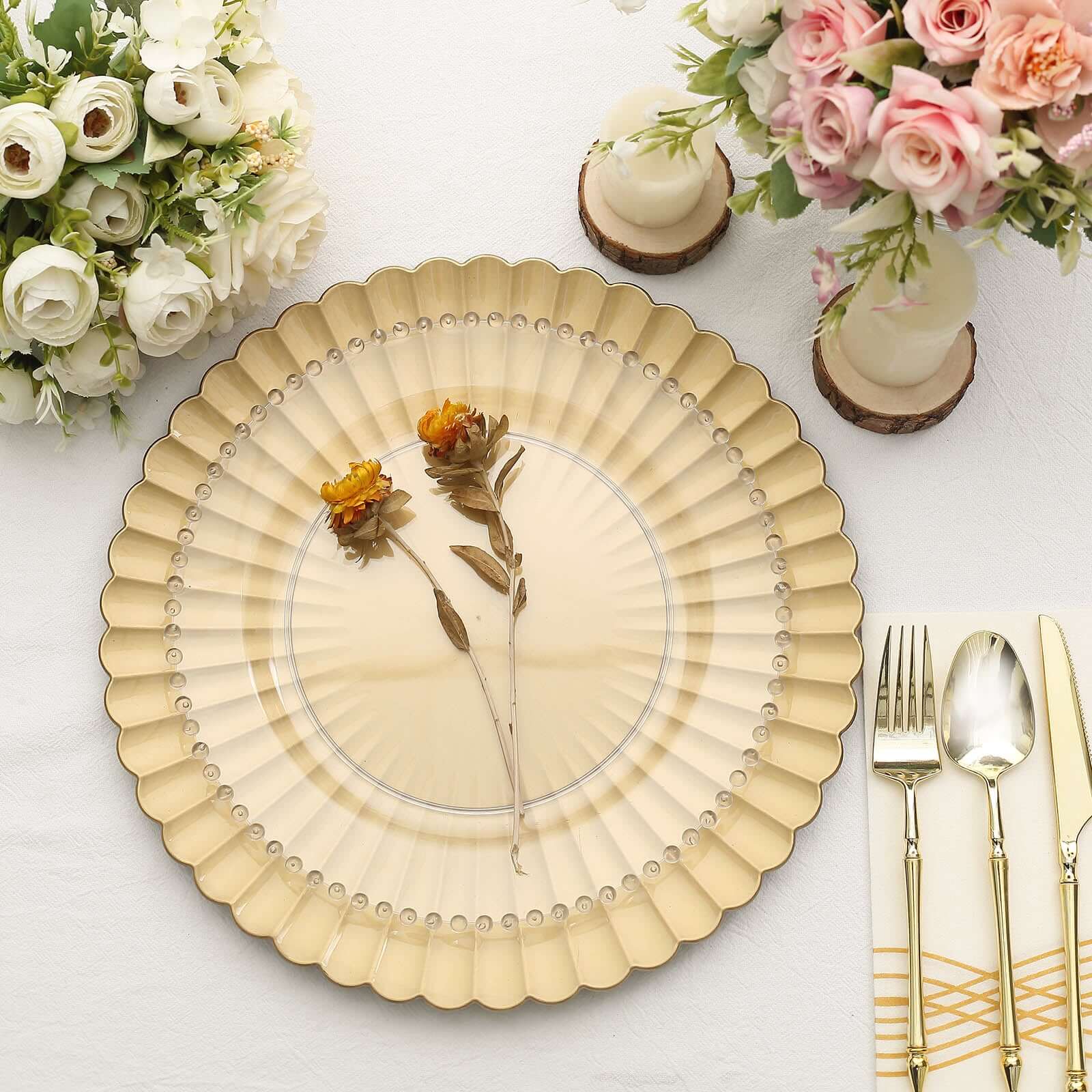 6-Pack Gold Plastic Round Charger Plates, 13 inches, Coastal Style with Scalloped Shell Pattern, Disposable Tableware