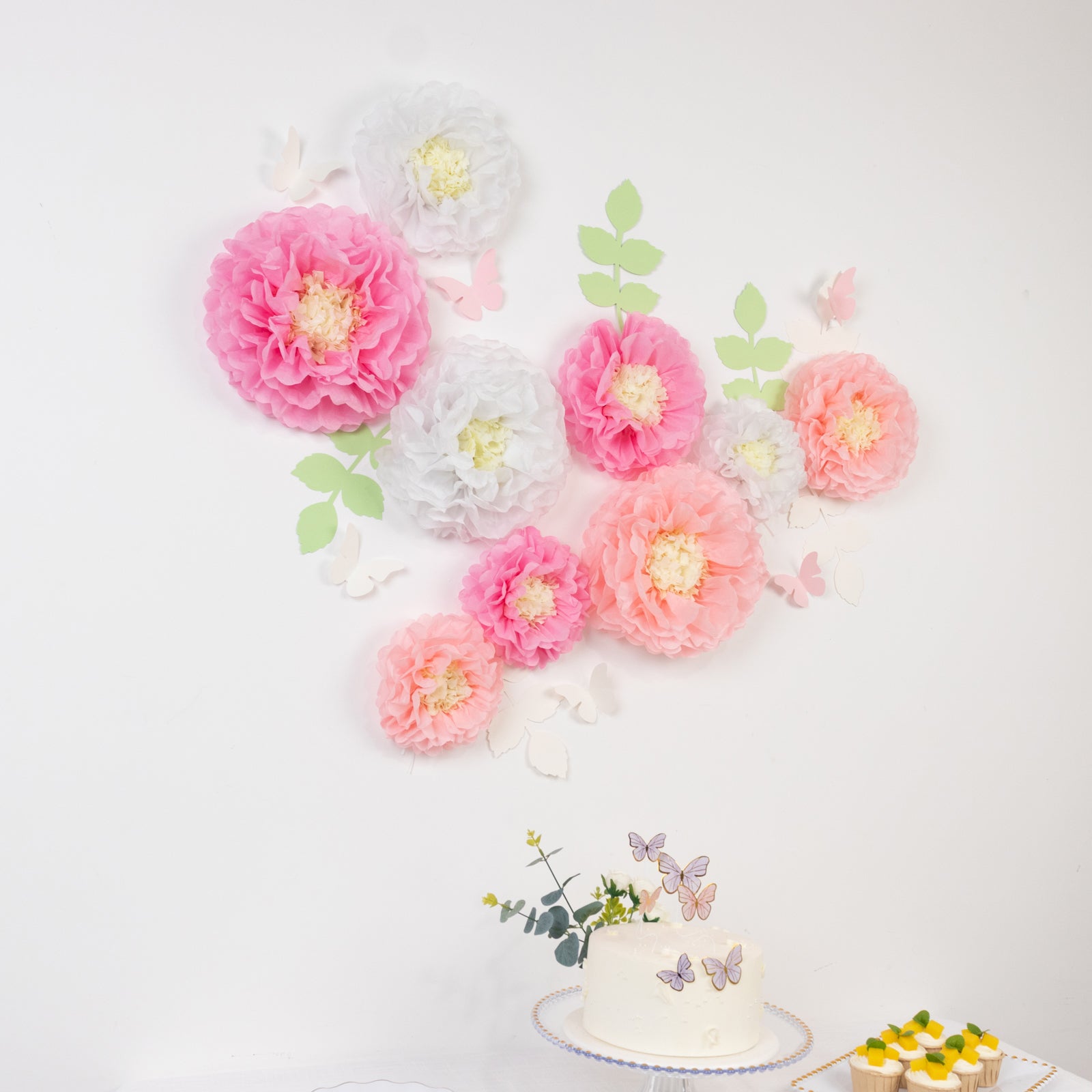 Hot! Set of 21 Tissue Paper Chrysanthemum Pom Poms Decor Kit - White & Pink with Butterflies & Olive Leaves