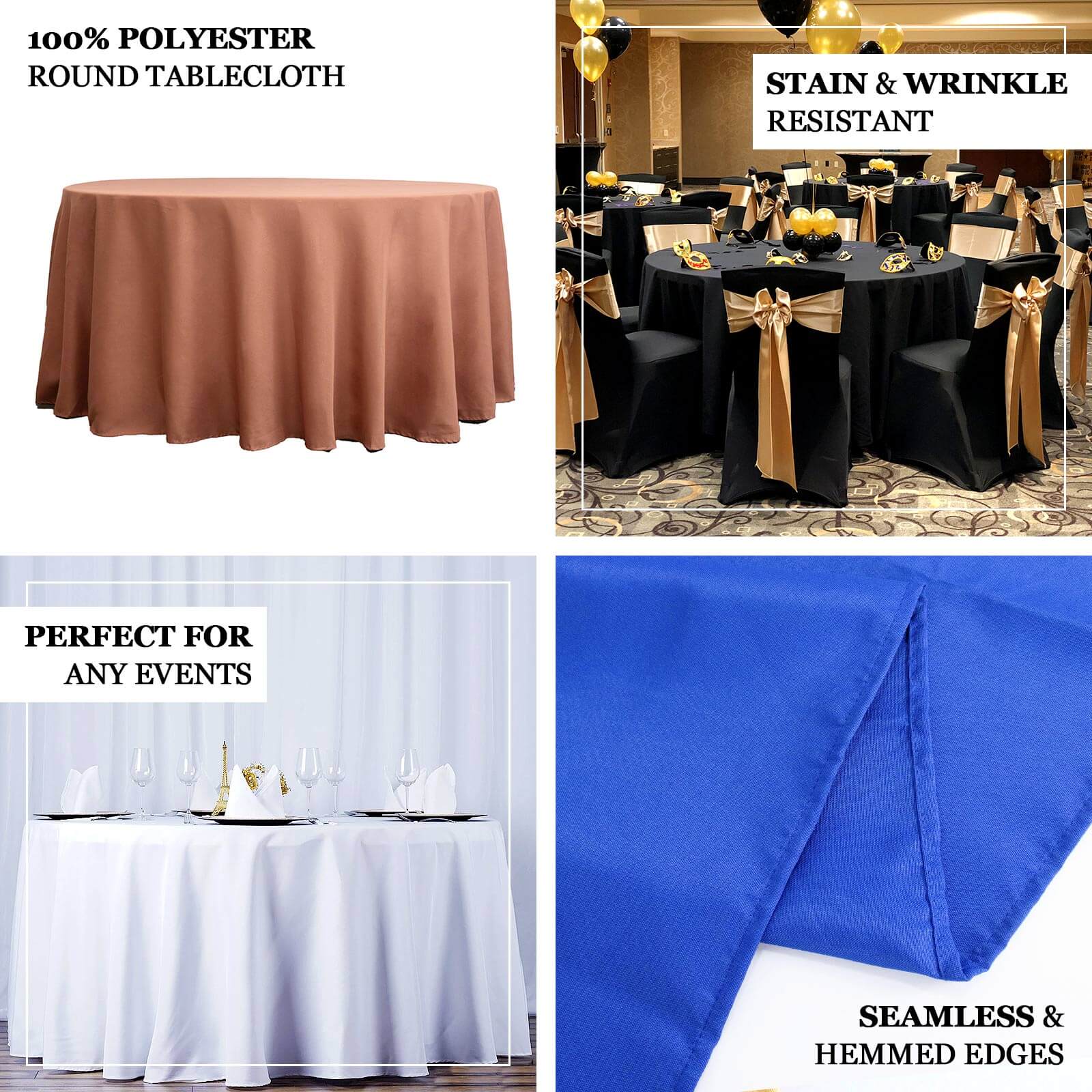 Seamless 220GSM Wrinkle-Resistant Gold Premium Polyester 120 Round Tablecloth for Elegant Events