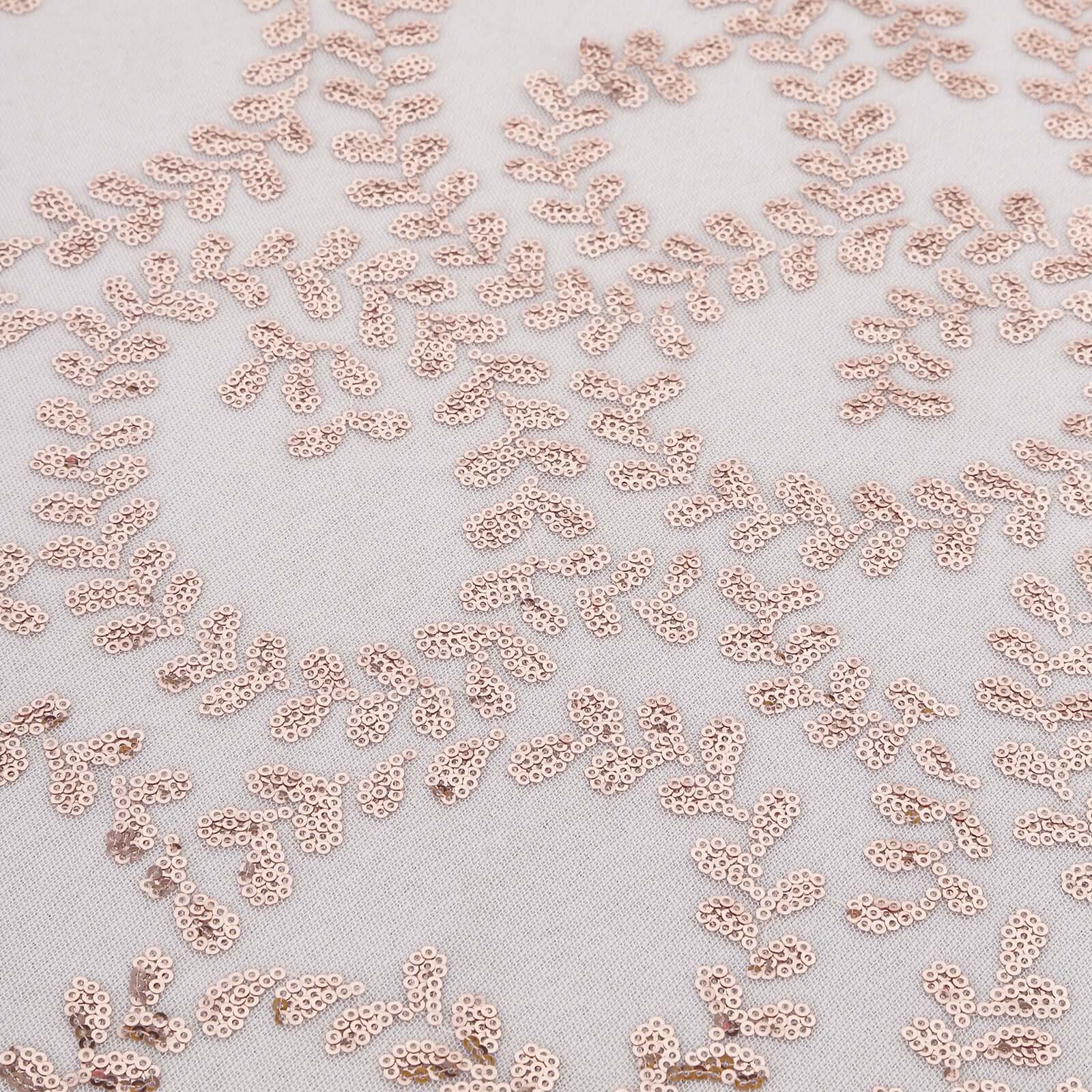 Hot Sale! 120' Round Seamless Rose Gold Tulle Tablecloth with Embroidered Sequin Leaf Design