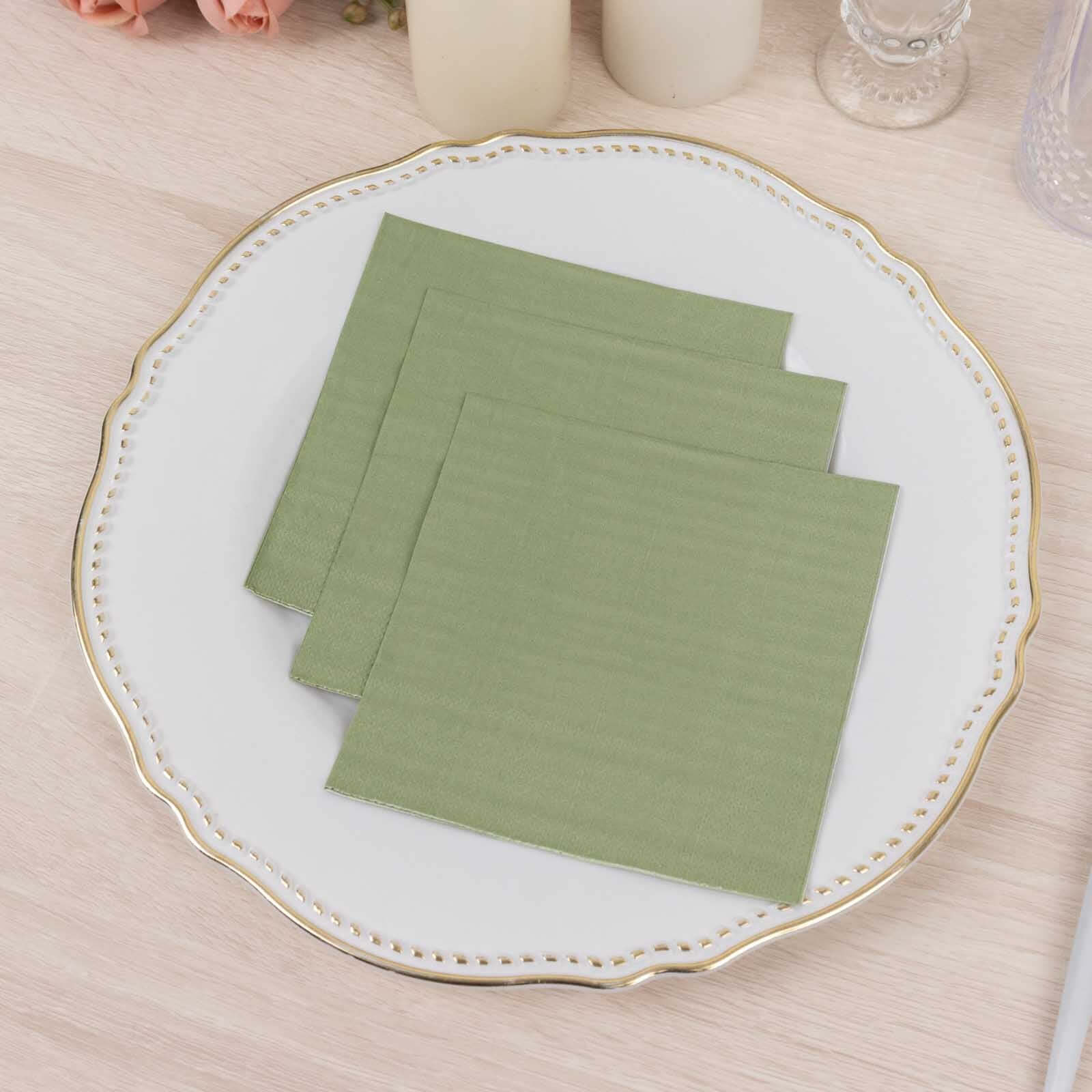 50-Piece Pack of Sage Green 2-Ply Disposable 18GSM Soft Cocktail Paper Beverage Napkins