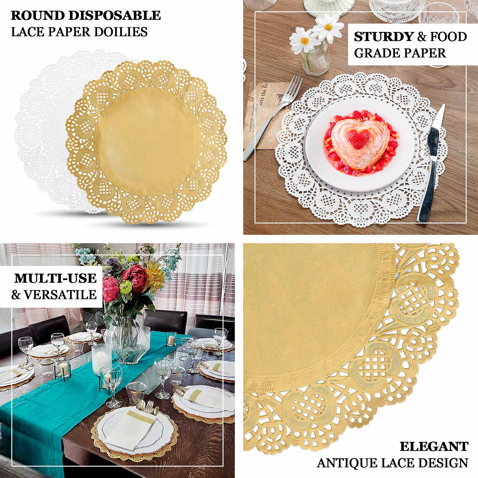 50 Pieces of 12-Inch Gold Food-Grade Lace Paper Round Placemats for Dessert & Table Decor
