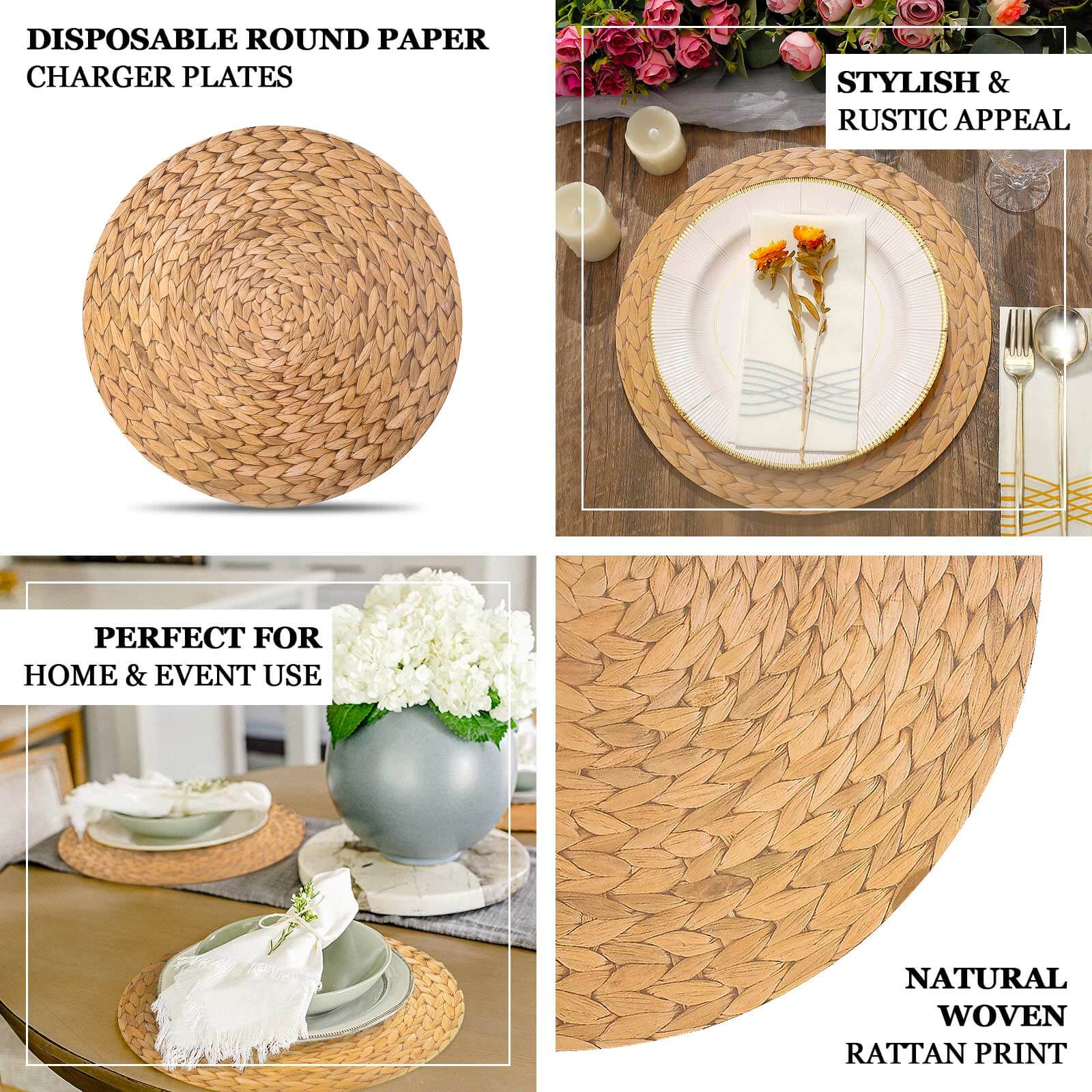 Amazing 6-Pack Disposable Round Cardboard Table Placemats with Woven Rattan Print, 13" Diameter for Rustic Events