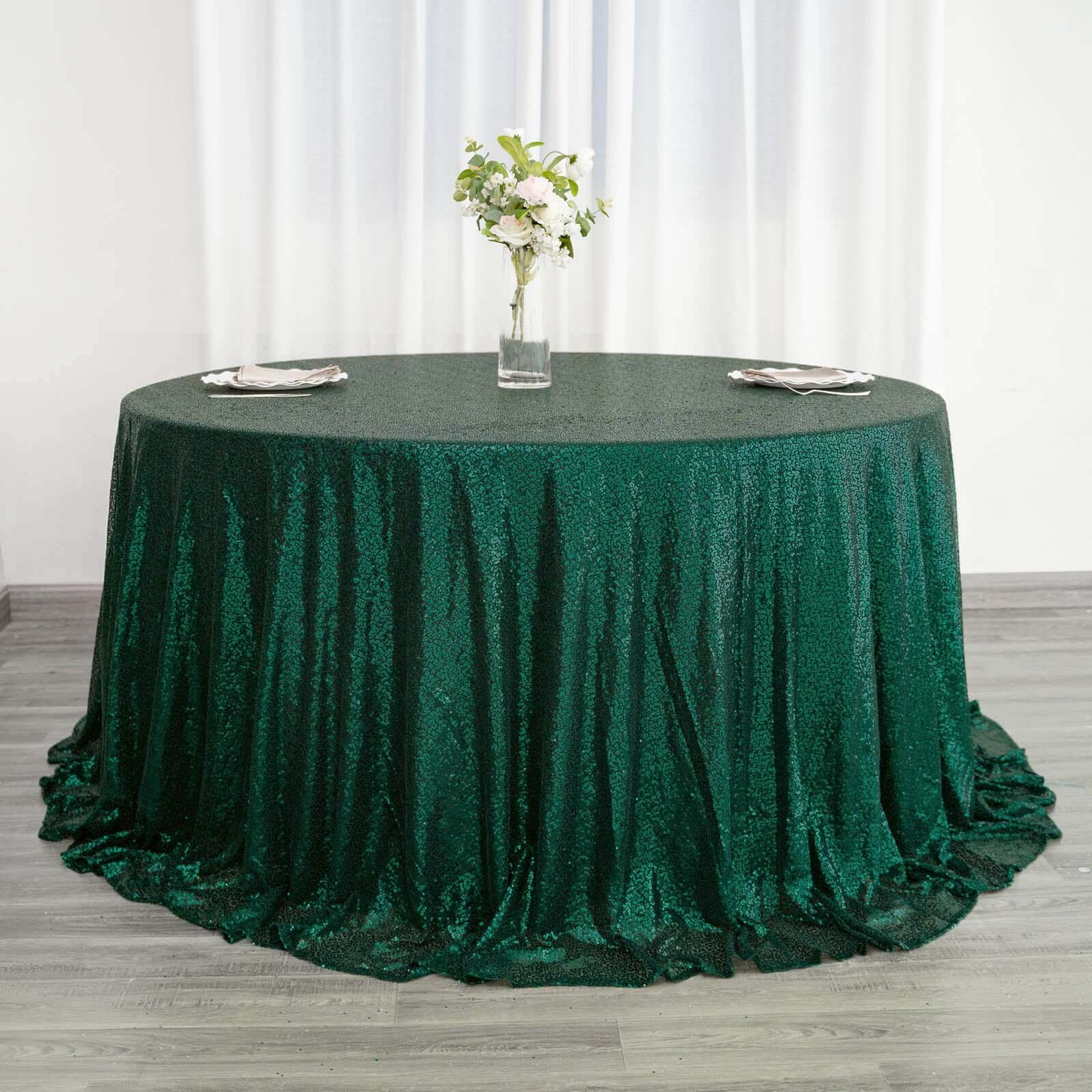 Hunter Emerald Green Seamless 132' Round Sequin Tablecloth - Dazzling Table Cover