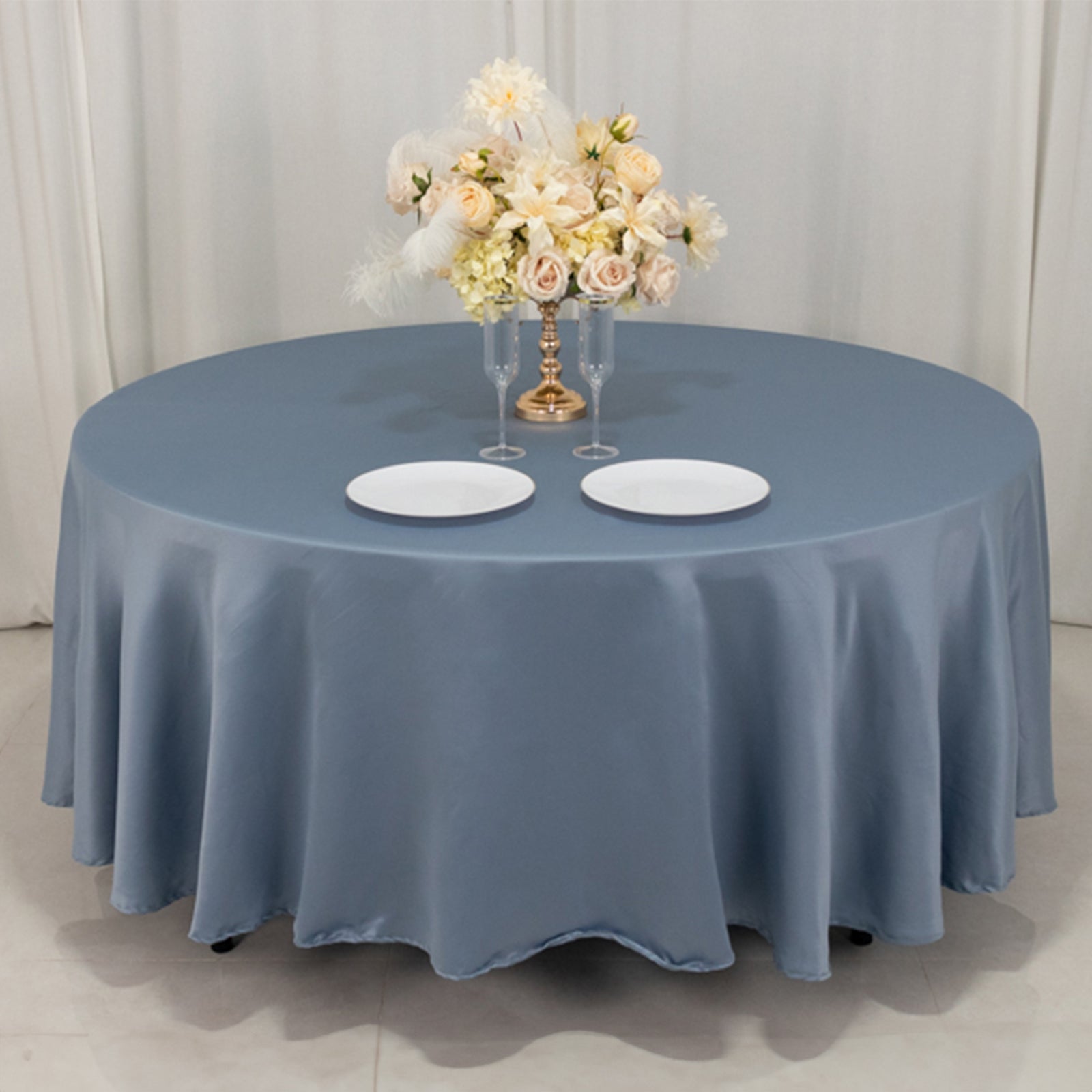 Premium Durable Silk-Like Dusty Blue Lamour Satin 108-Inch Round Tablecloth