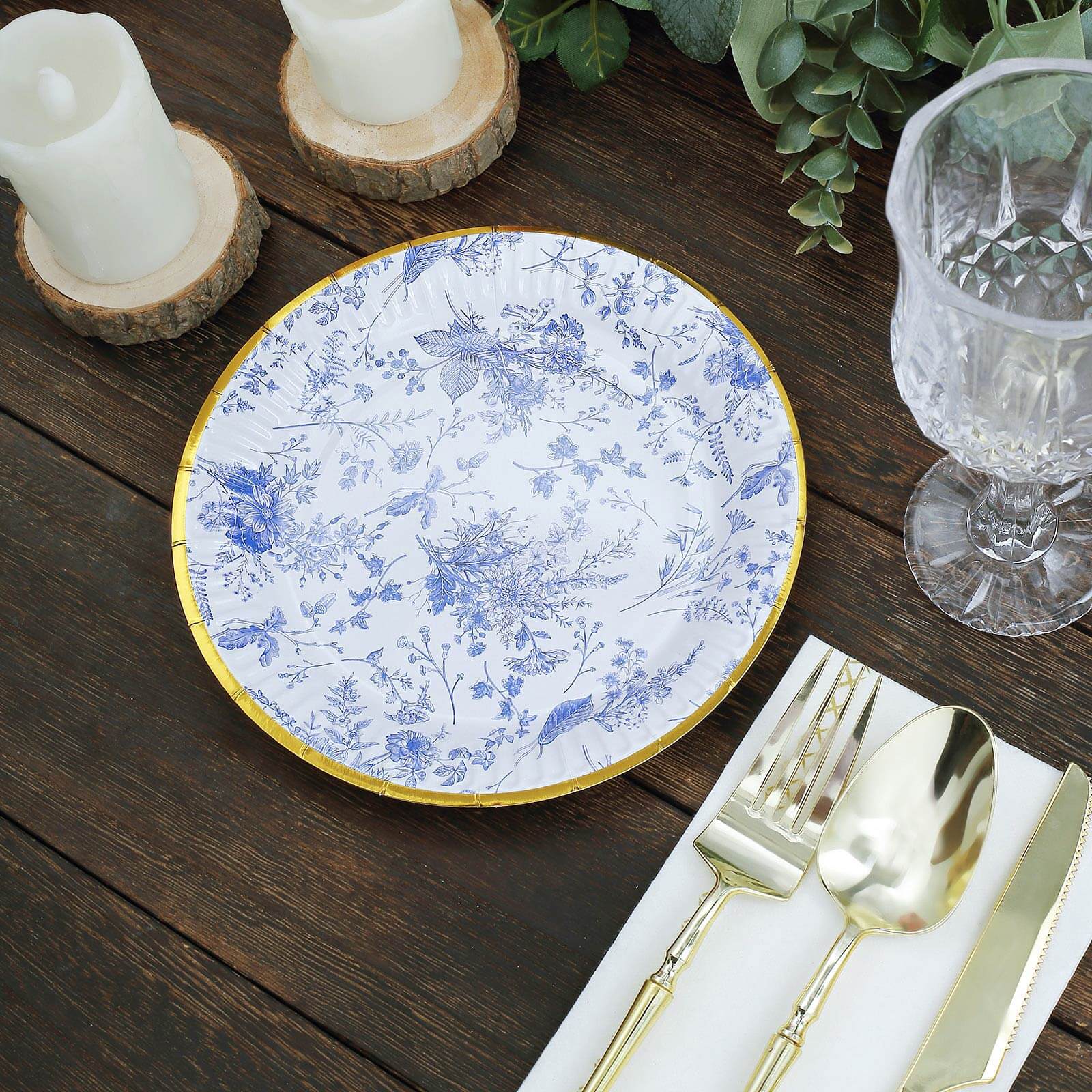 Hot Deal! 25-Pack Disposable 7-Inch Round White Dessert Plates with Light Blue French Toile & Gold Rim