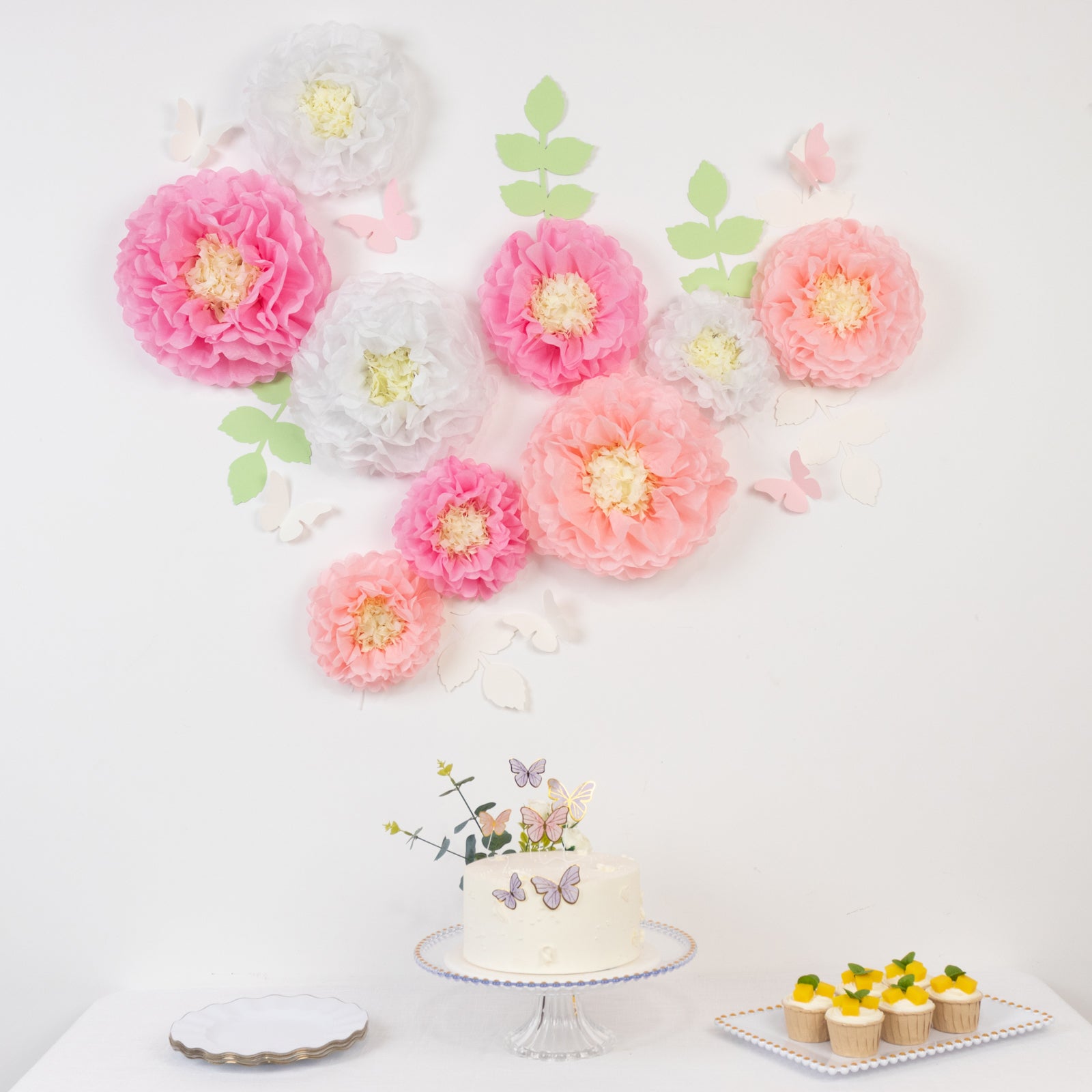 Hot! Set of 21 Tissue Paper Chrysanthemum Pom Poms Decor Kit - White & Pink with Butterflies & Olive Leaves