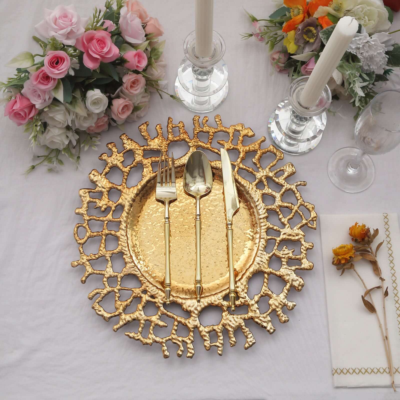 Hot Sale! 6-Pack 13-inch Gold Acrylic Round Charger Plates with Molten Branch Design for Dinner Parties