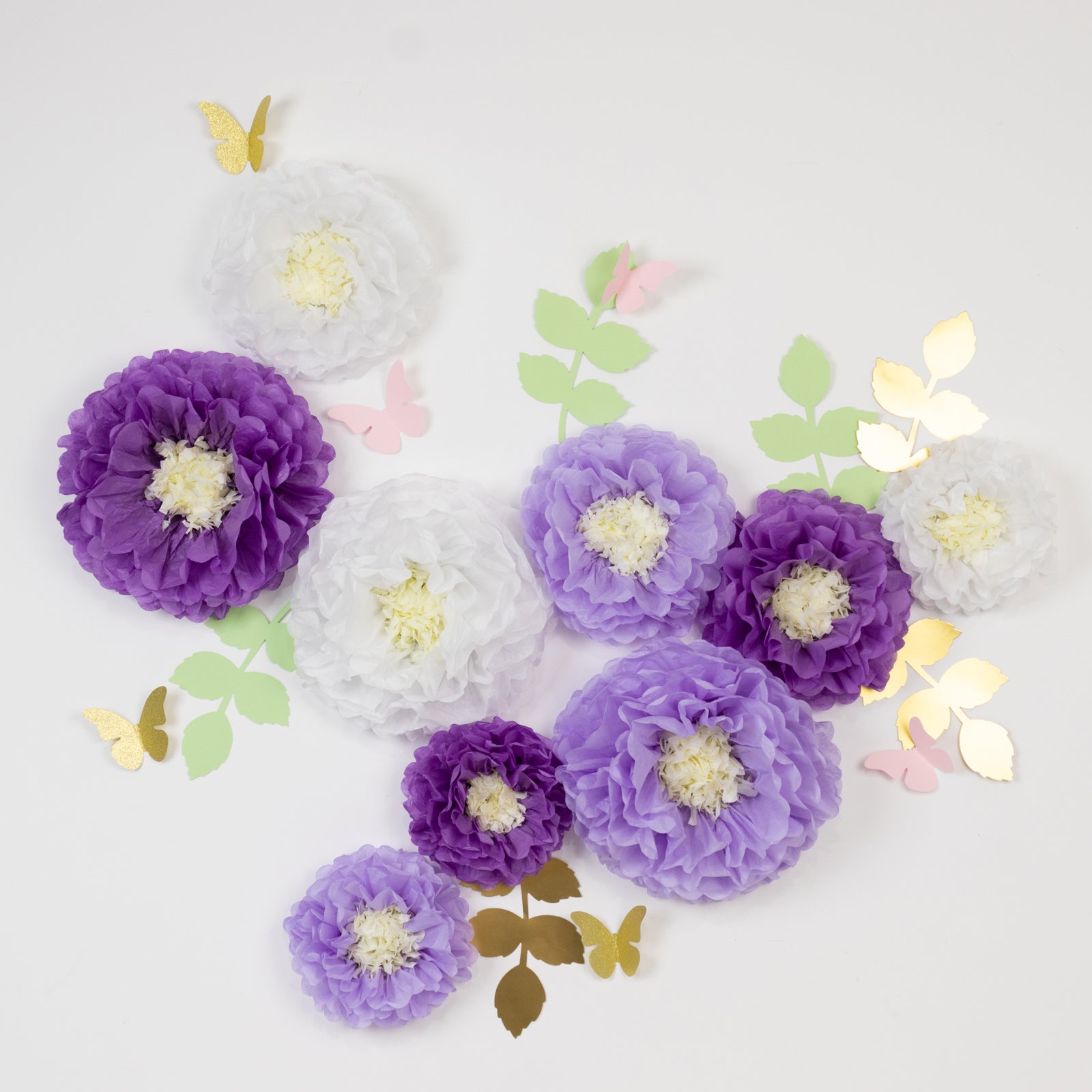 Hot! 21-Piece Tissue Paper Flower Pom Poms Decor Kit - White & Purple 3D Chrysanthemum Wall Decor with Butterflies & Olive Leaves