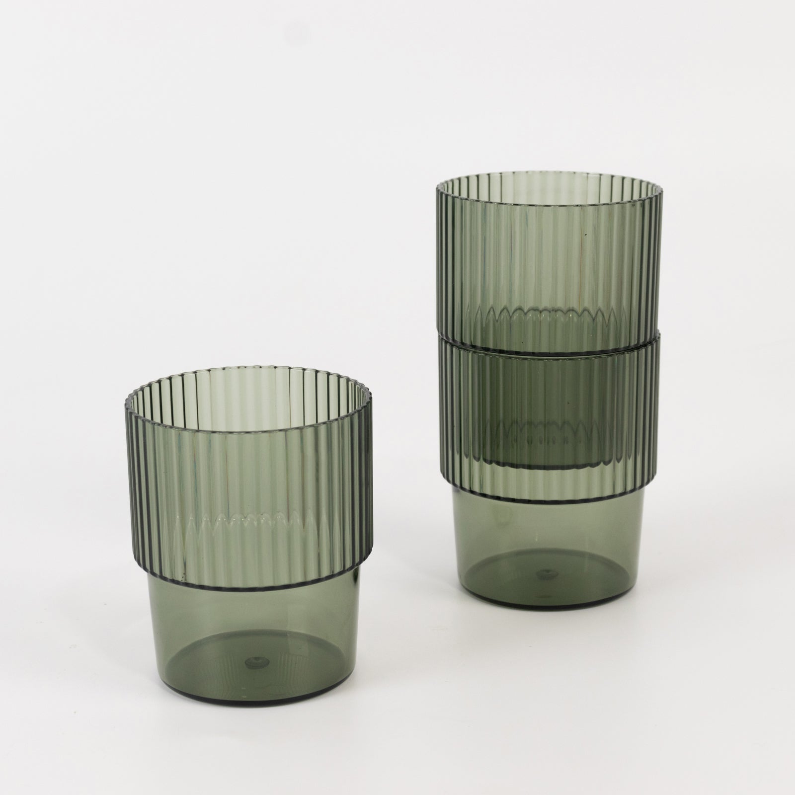 12-Pack Stackable 7oz Reusable Plastic Short Drinking Glasses in Hunter Emerald Green with Ribbed Pattern - Great Value!