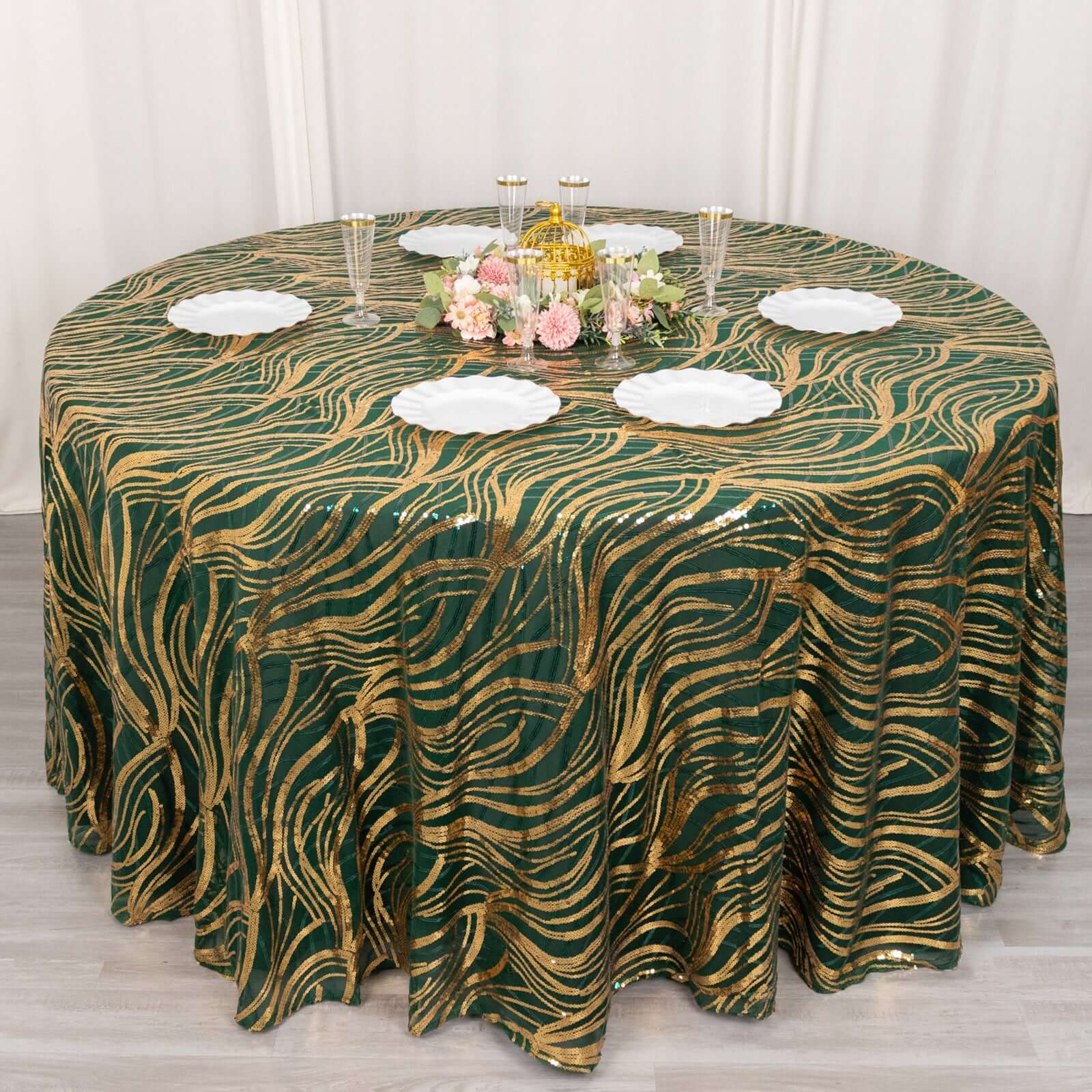 120-Inch Round Seamless Sparkly Wave Sequin Mesh Tablecloth in Hunter Emerald Green & Gold