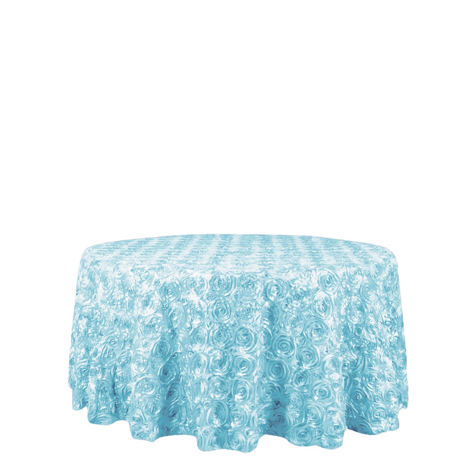 Light Blue 120-Inch Round Satin Tablecloth with Stunning 3D Rosette and Seamless Finish