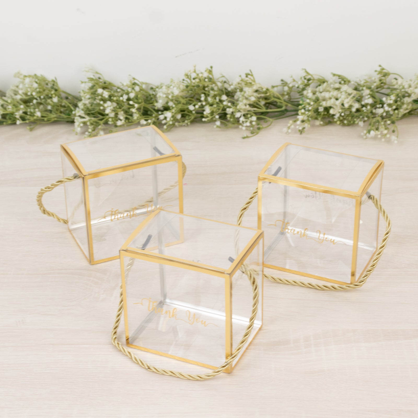 25-Piece Set of Clear Plastic Square Gift Boxes with Gold Trim and Rope Handles, Pre-Printed Thanks