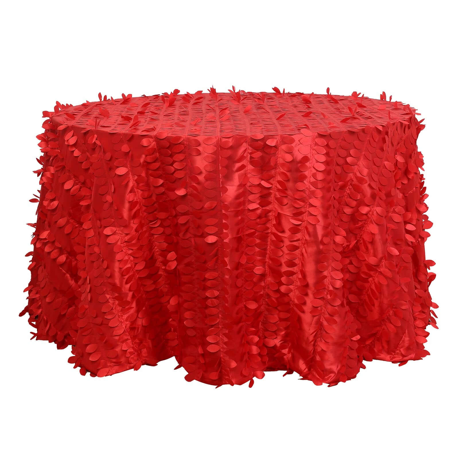 120-Inch Red Seamless 3D Leaf Petal Taffeta Round Tablecloth for 5-Foot Tables