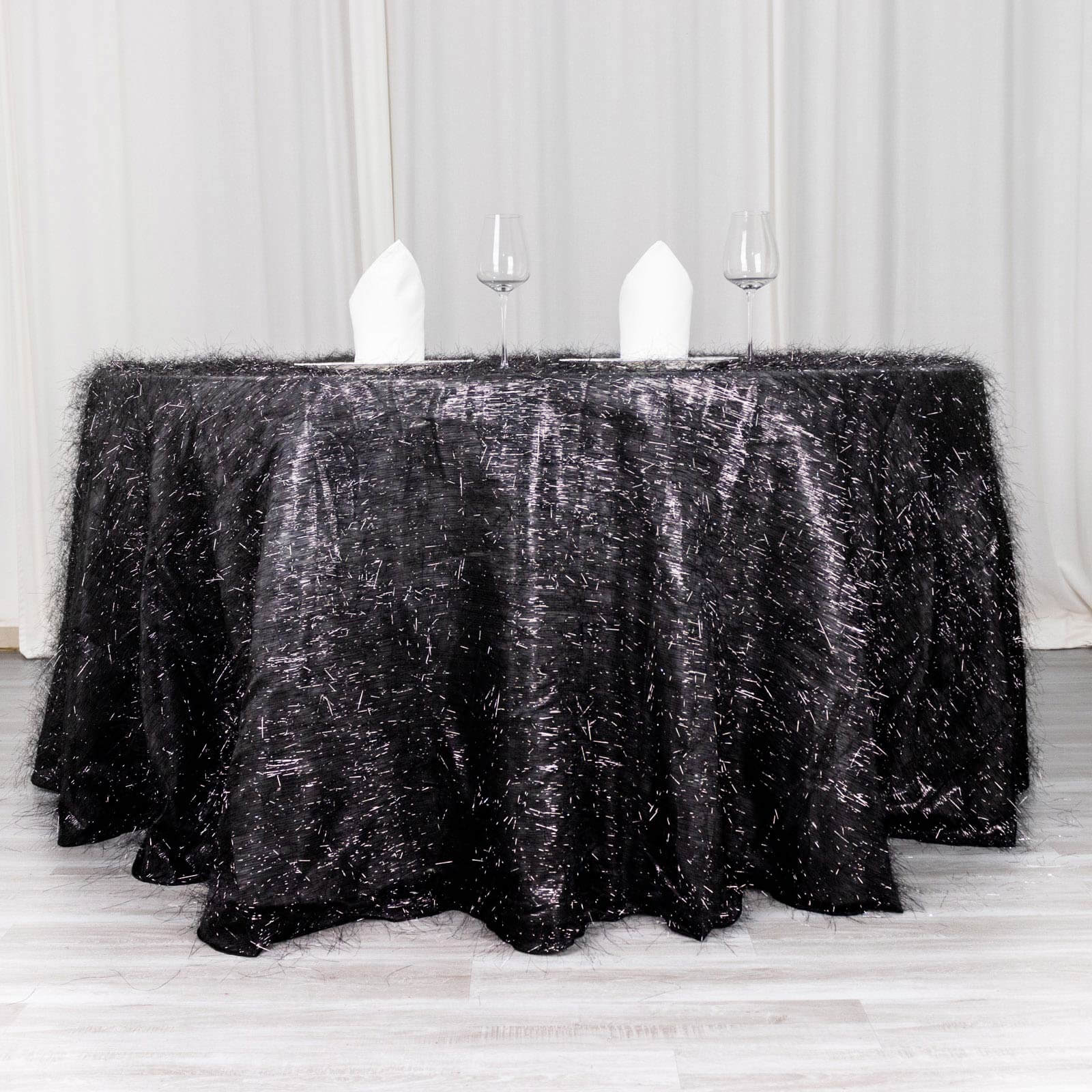 Exclusive Polyester 120-Inch Round Black Tablecloth with Metallic Fringe Shag Tinsel for Events