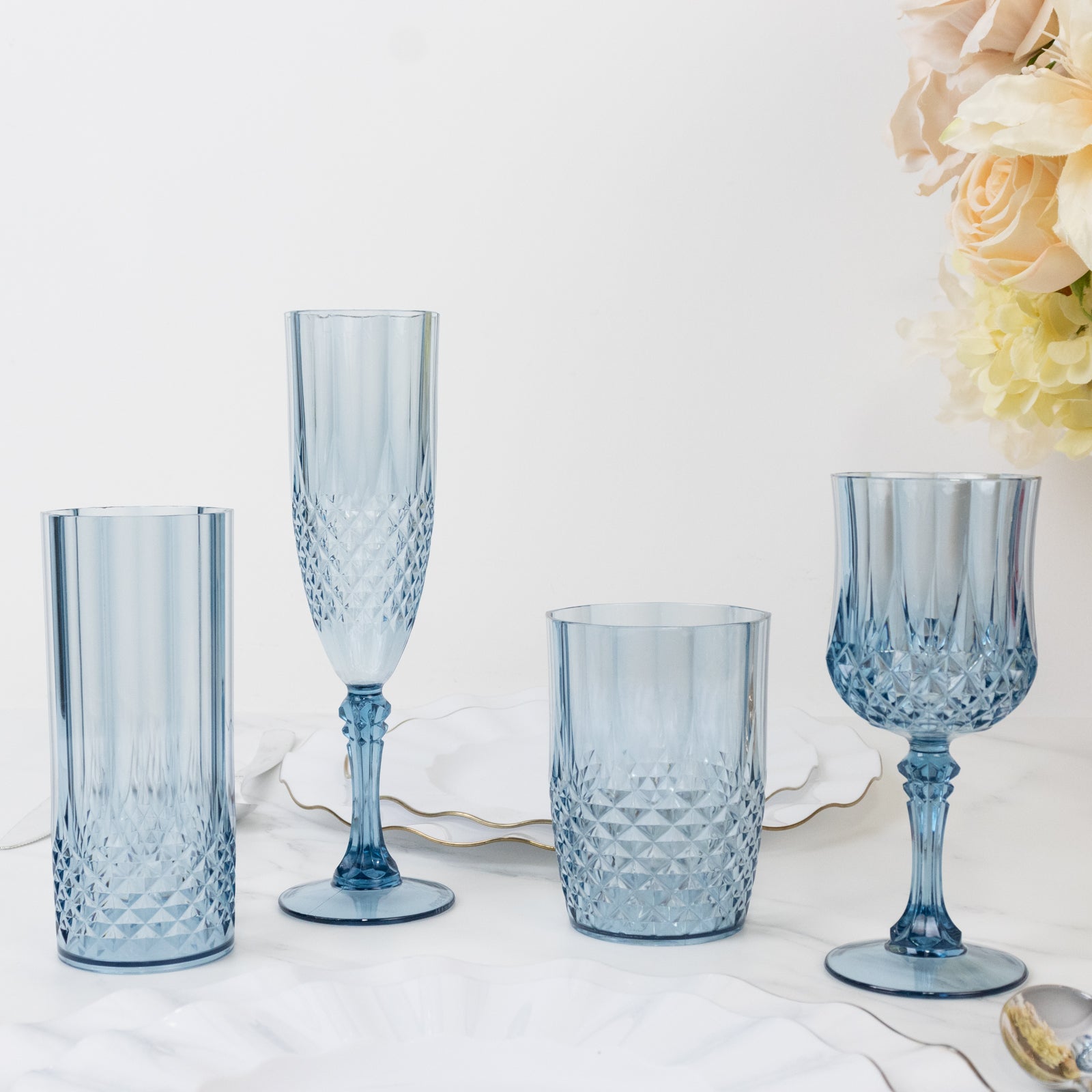 6-Pack Shatterproof 14oz Dusty Blue Plastic Cocktail Tumblers - Crystal Cut Style