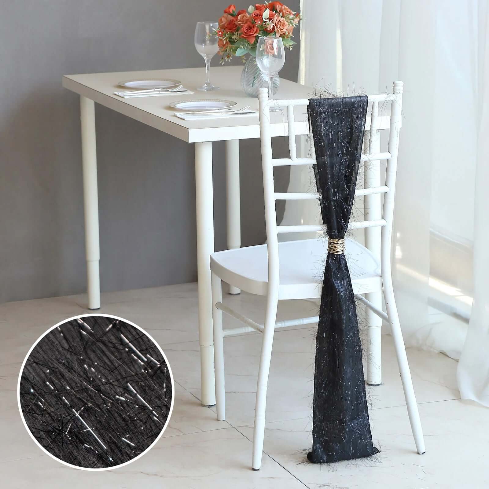 5-Piece Set of Black Metallic Tinsel Fringe Polyester Chair Sashes - Effortless Chair Bows, 6x108