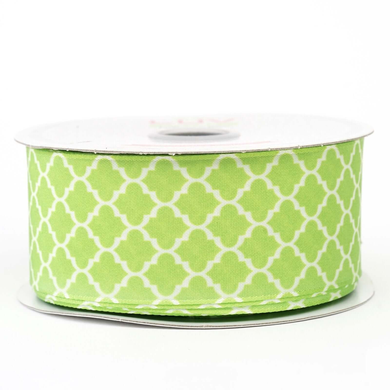10 Yards of 1.5-Inch Apple Green Quatrefoil Geometric Pattern Grosgrain Ribbon