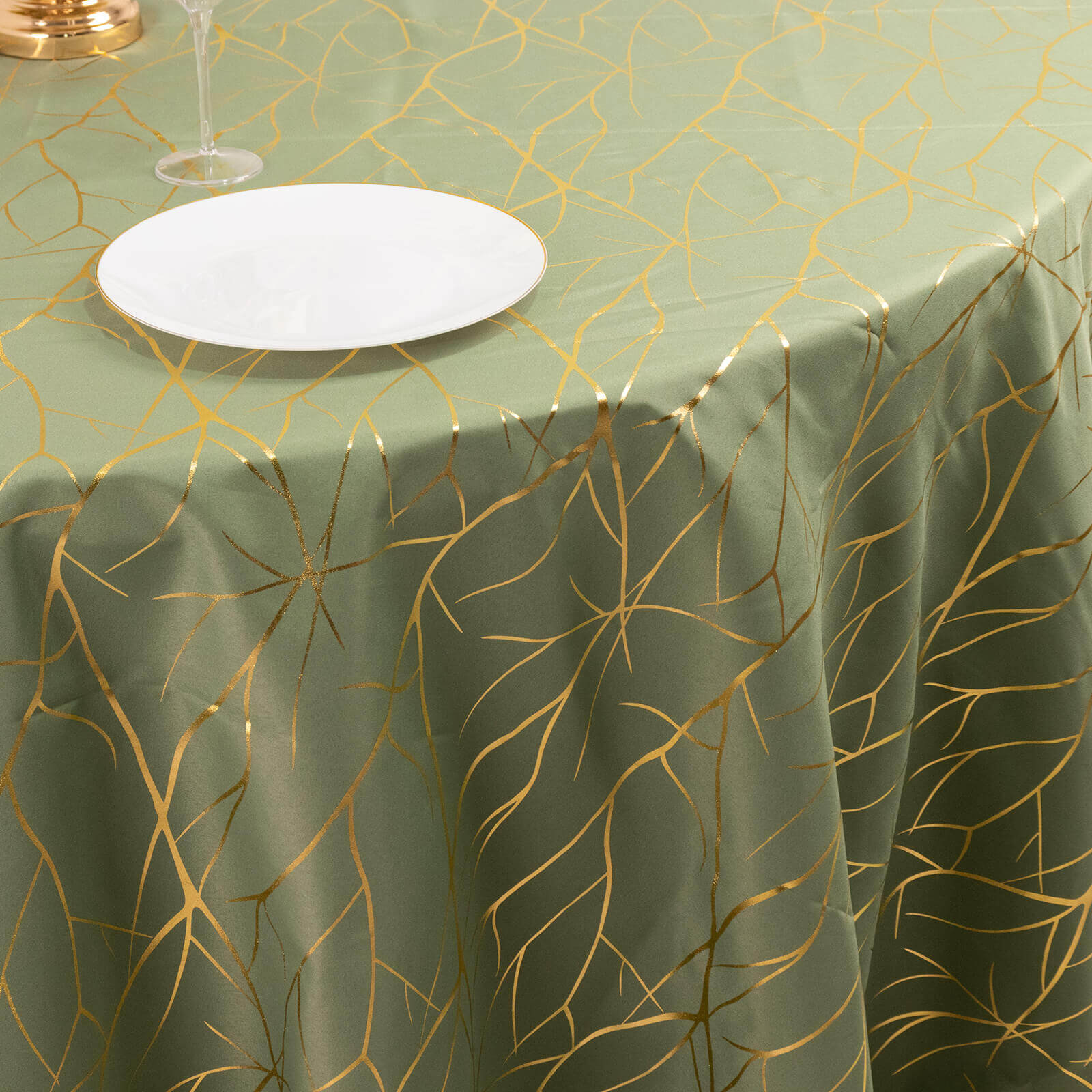 Exclusive! Wrinkle-Resistant 120" Polyester Round Tablecloth in Dusty Sage Green with Gold Foil Tree Branch for Classy Events