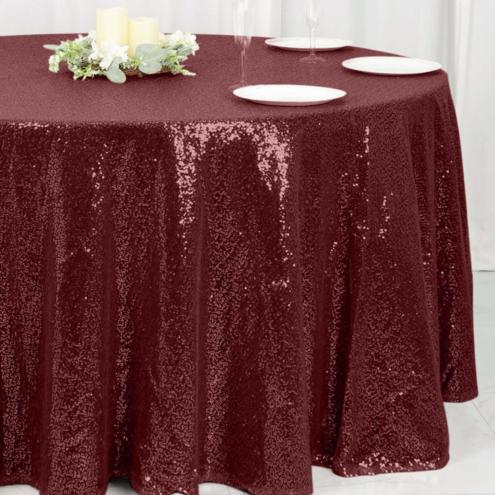 Hot Deal! Burgundy Seamless Glittering Sequin 120-Inch Round Tablecloth for Events