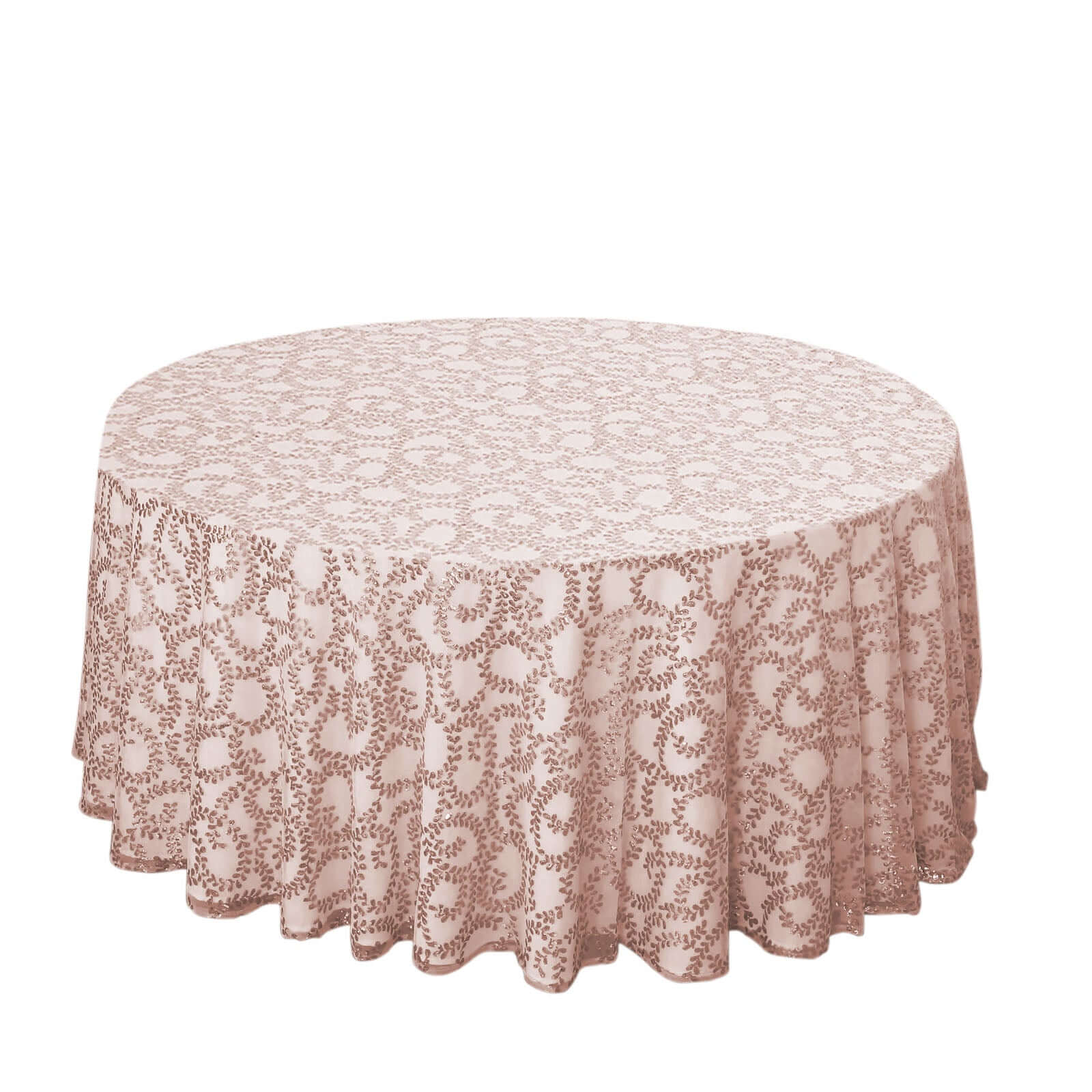 Hot Sale! 120' Round Seamless Rose Gold Tulle Tablecloth with Embroidered Sequin Leaf Design