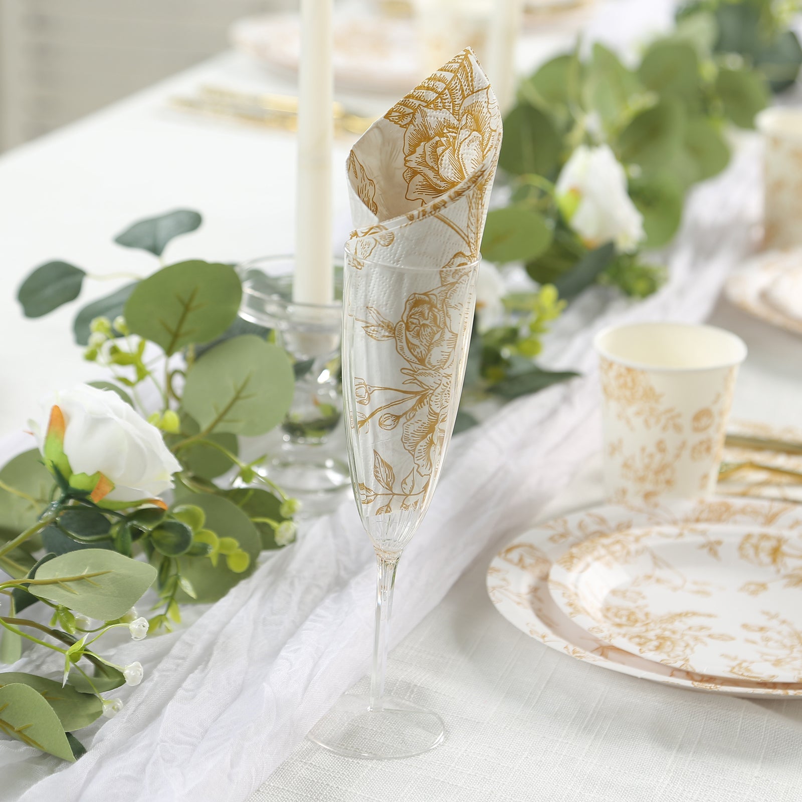 50-Piece 2-Ply White Paper Dinner Napkins with Gold French Toile Floral Design - Ideal for Events