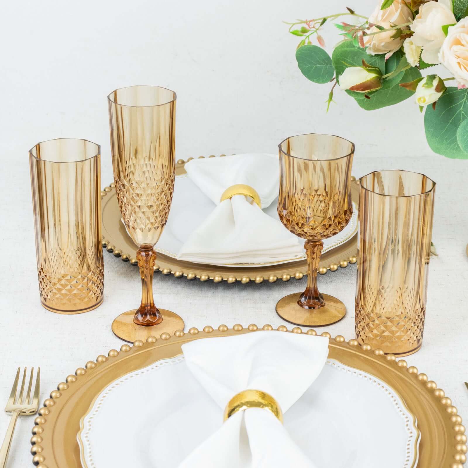 14oz Shatterproof 6-Pack Amber Gold Plastic Cocktail Tumblers with Crystal Cut Style
