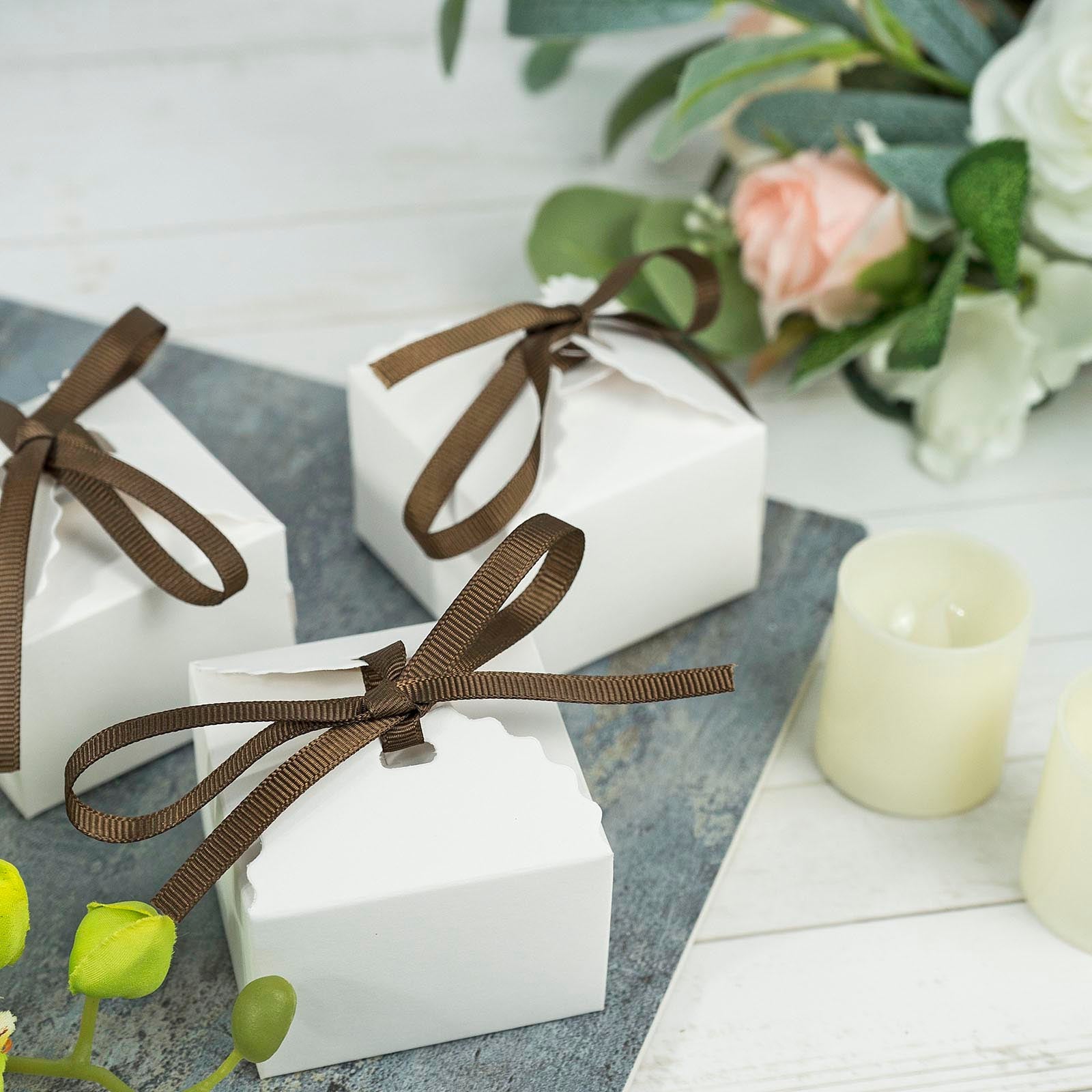 25-Piece Set of 2.5x2.5 White Cardstock Gift Boxes with Brown Grosgrain Ribbons