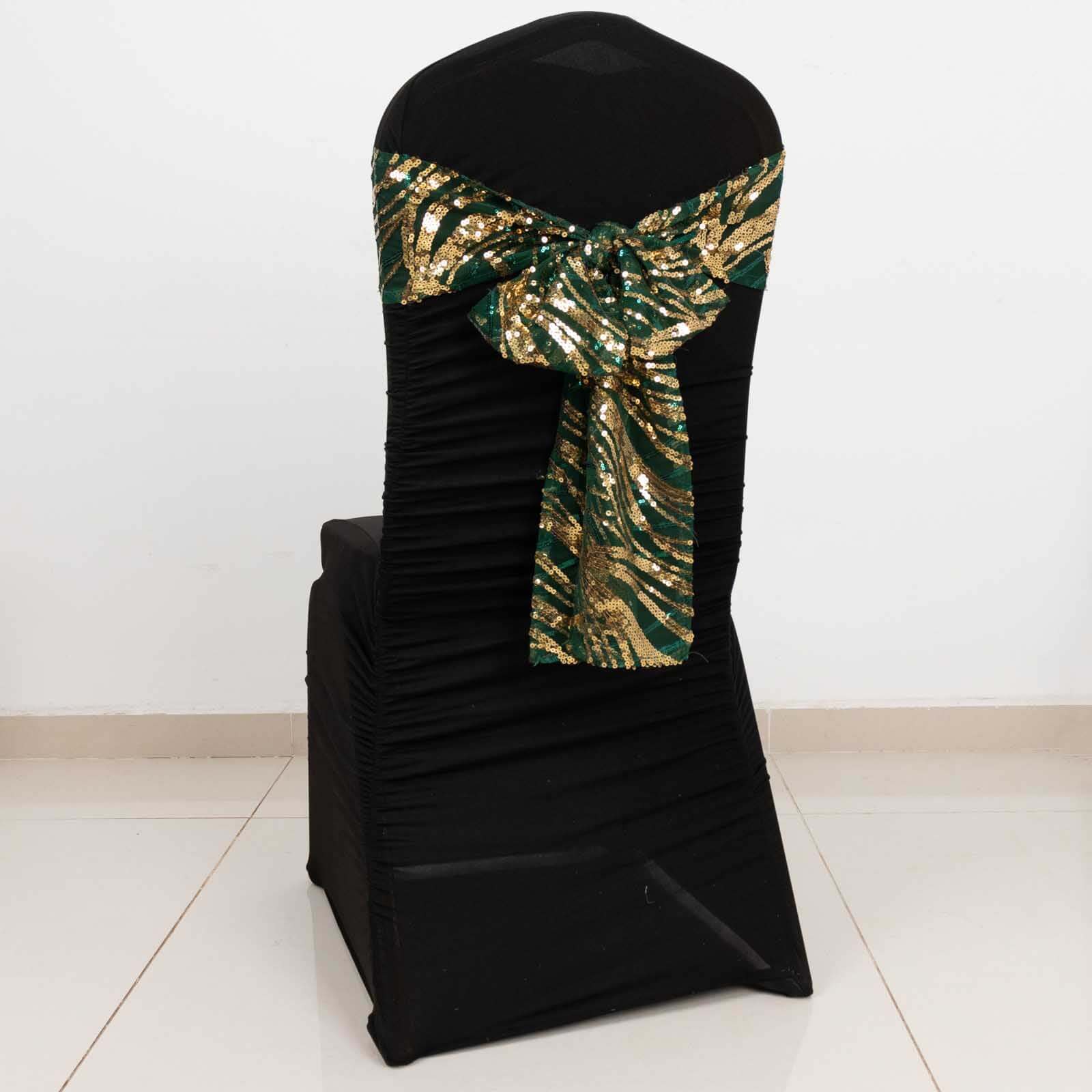 Special Offer! 5-Piece Chair Sashes in Sparkling Hunter Emerald Green/Gold with Wave Sequin Design
