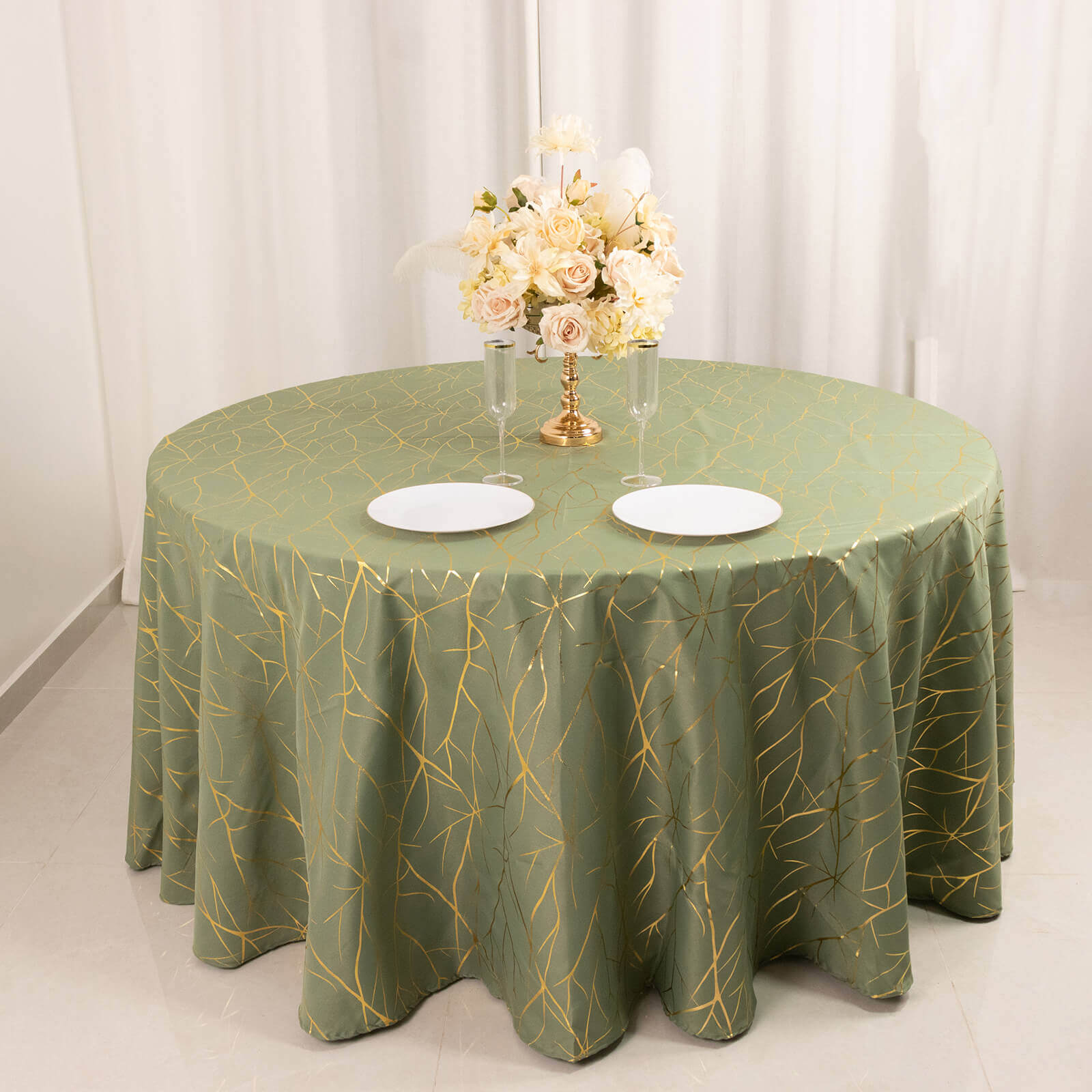 Exclusive! Wrinkle-Resistant 120" Polyester Round Tablecloth in Dusty Sage Green with Gold Foil Tree Branch for Classy Events