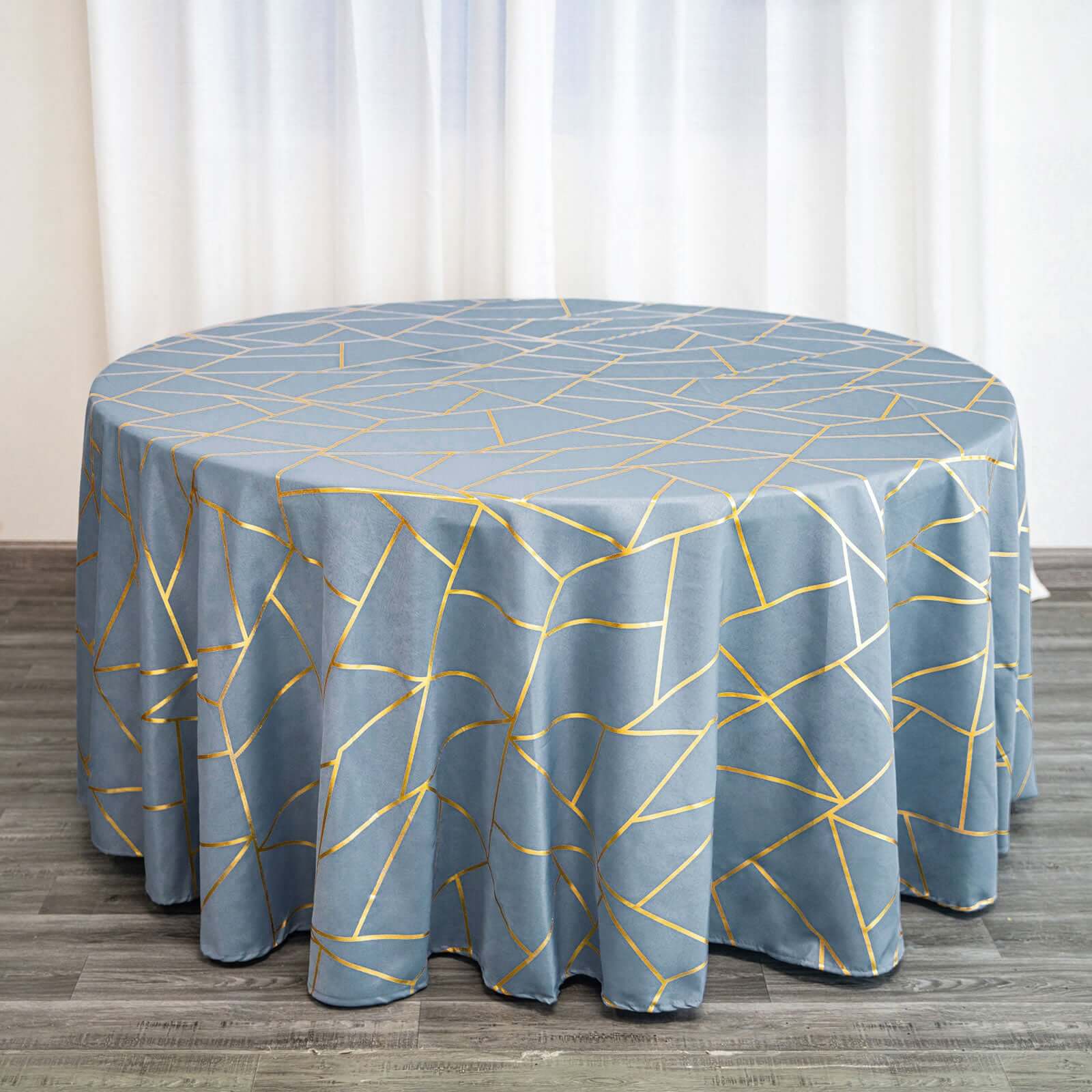Hot Sale! Wrinkle-Resistant Seamless Polyester 120' Round Tablecloth in Dusty Blue with Gold Foil Geometric Design