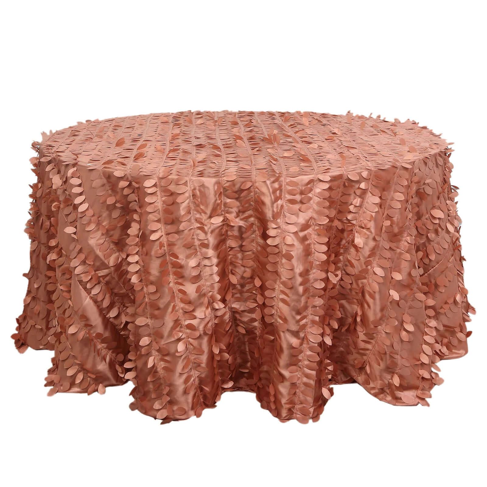 Exclusive 132' Round Taffeta Tablecloth in Terracotta (Rust) with 3D Leaf Petal Design